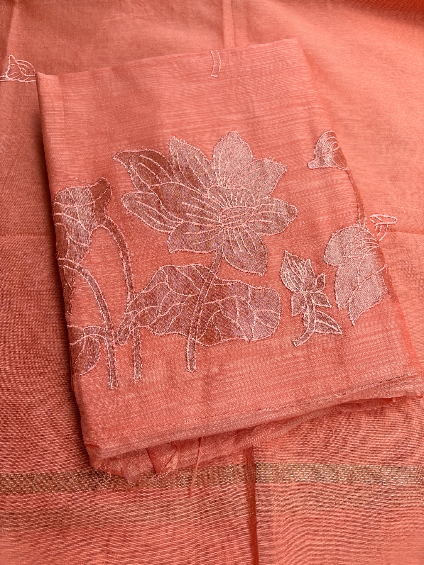 Peach appliqué work mul Chanderi suit set