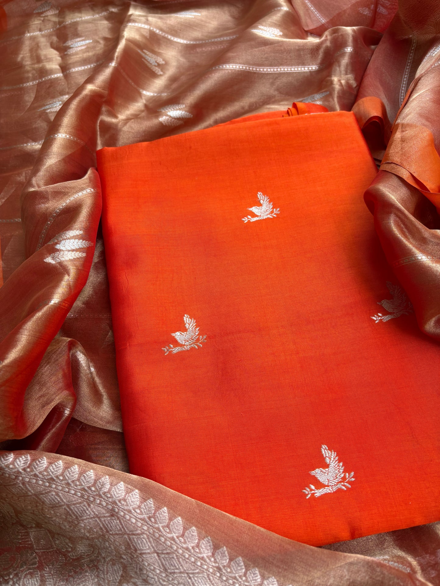 Orange raw artisan silk kurta, bottom, tissue kadhwa dupatta
