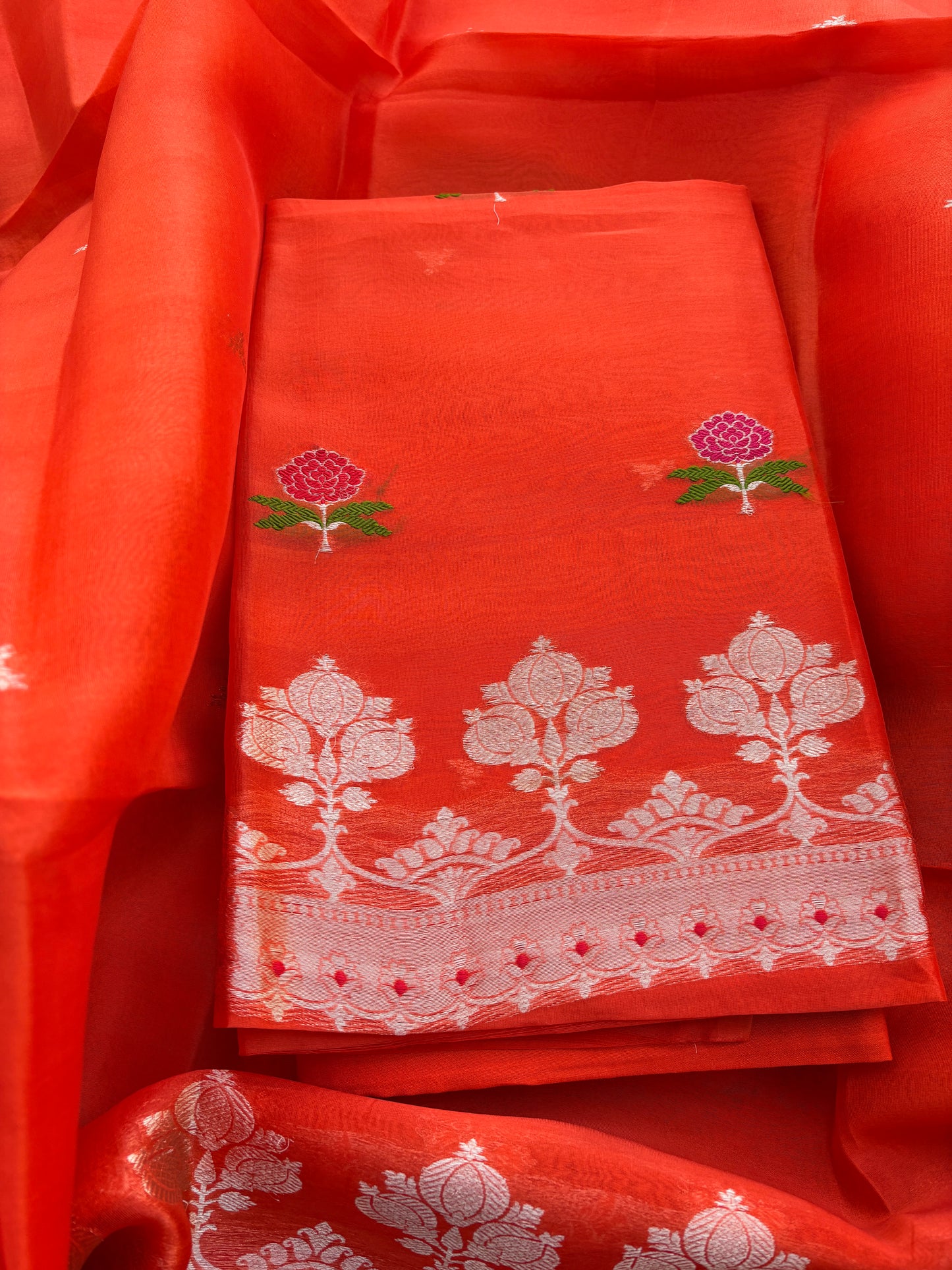 Orange kora silk kadhwa suit set