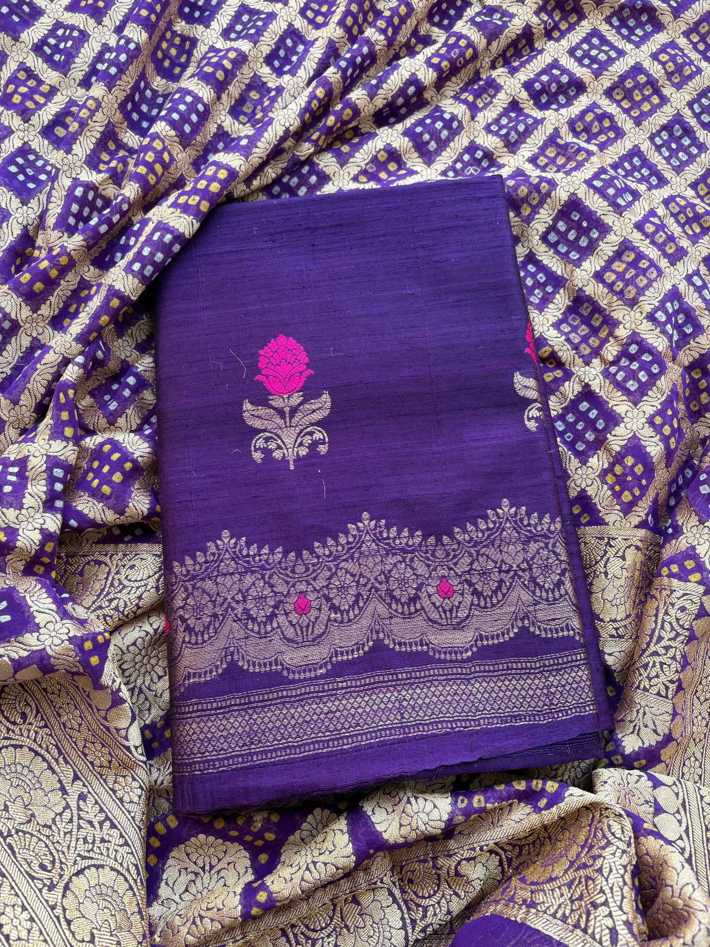 Purple raw silk kadhwa suit with Khaddi georgette dupatta