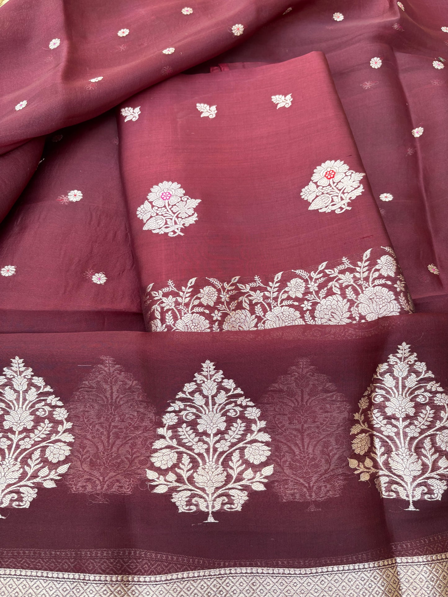 Wine maroon raw mango silk kurta, bottom , kora silk dupatta