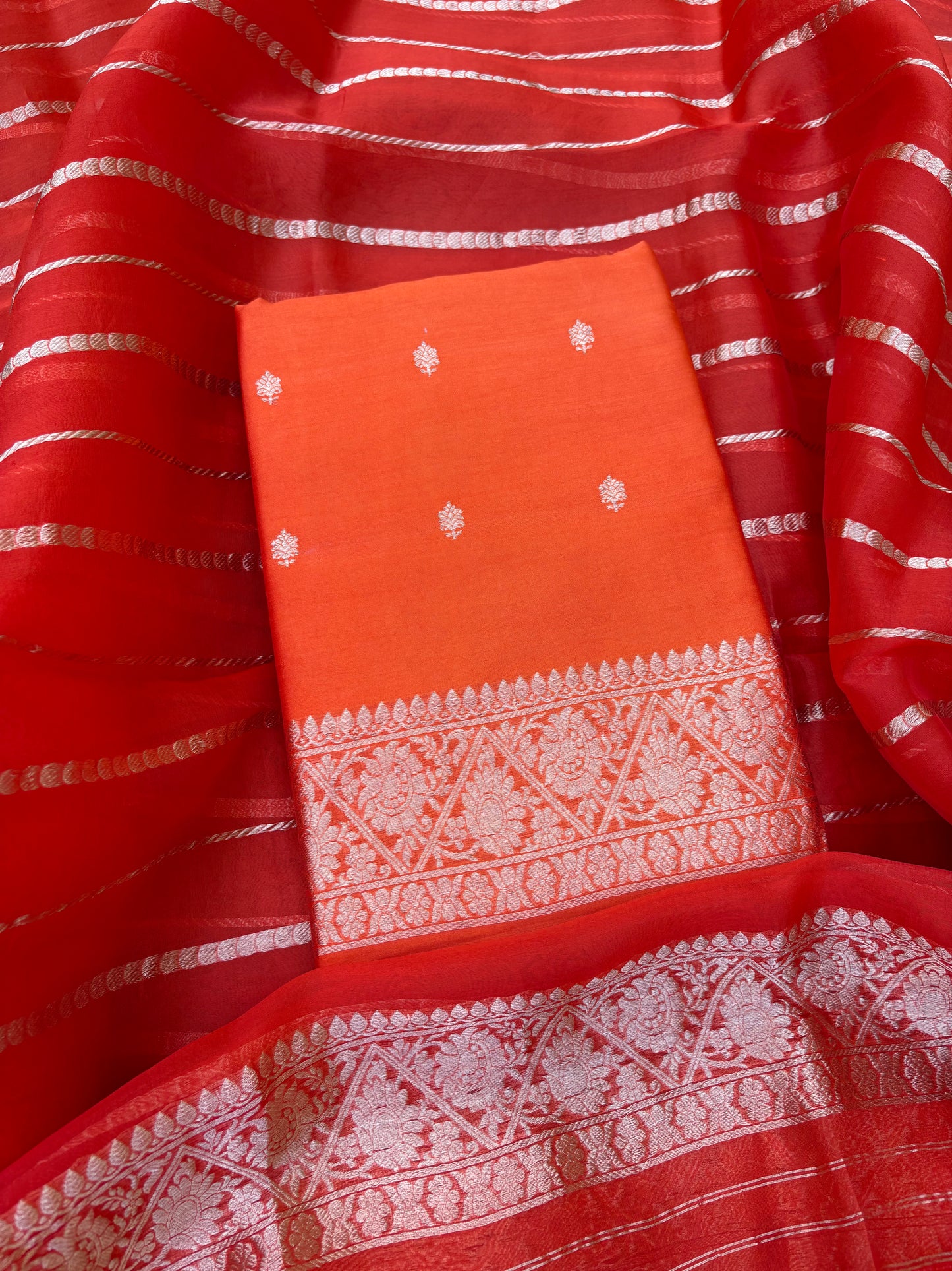 Orange raw mango silk kurta, bottom, kora dupatta