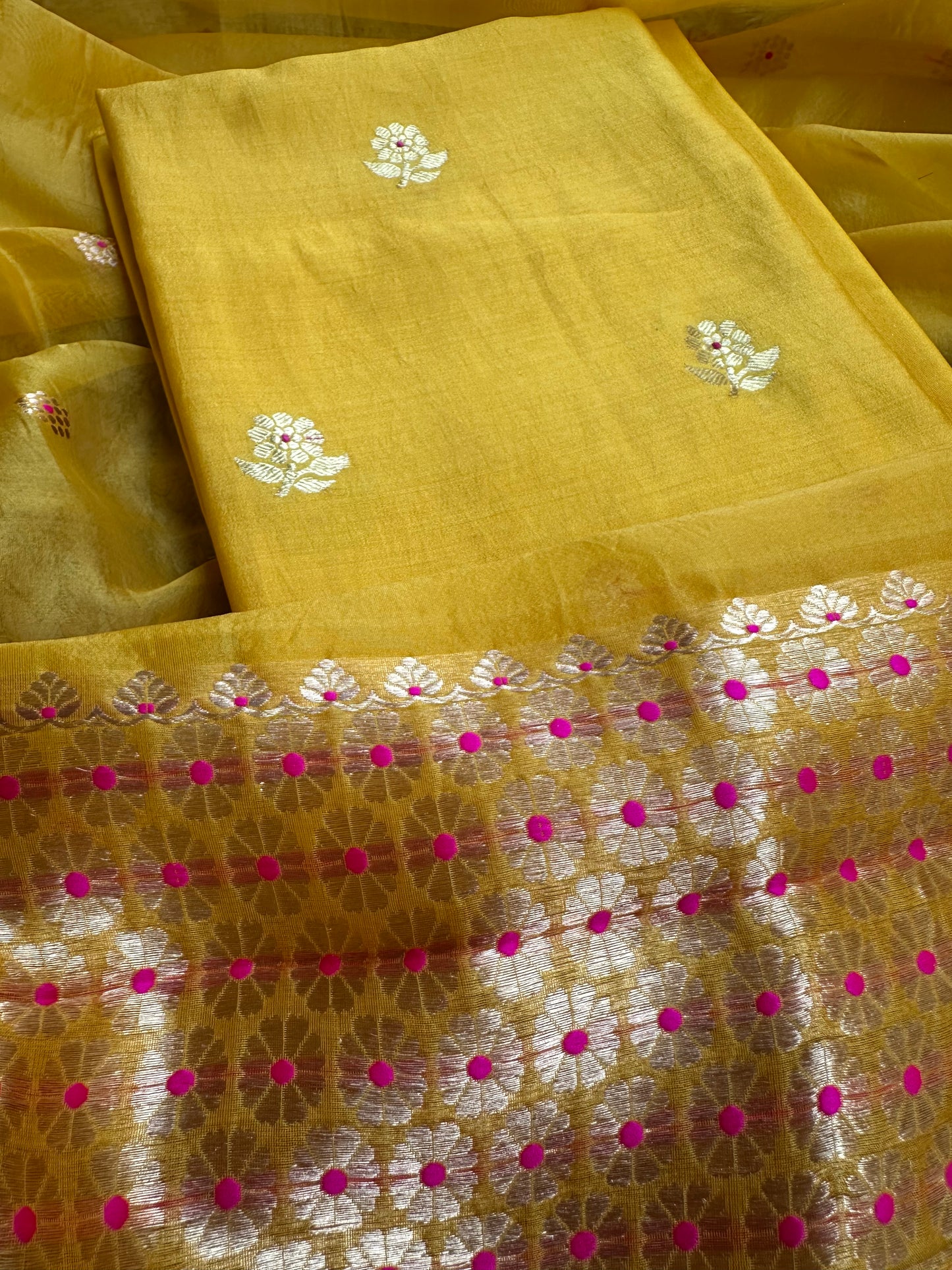 Yellow chiniya silk kurta with handwork dupatta, plain bottom