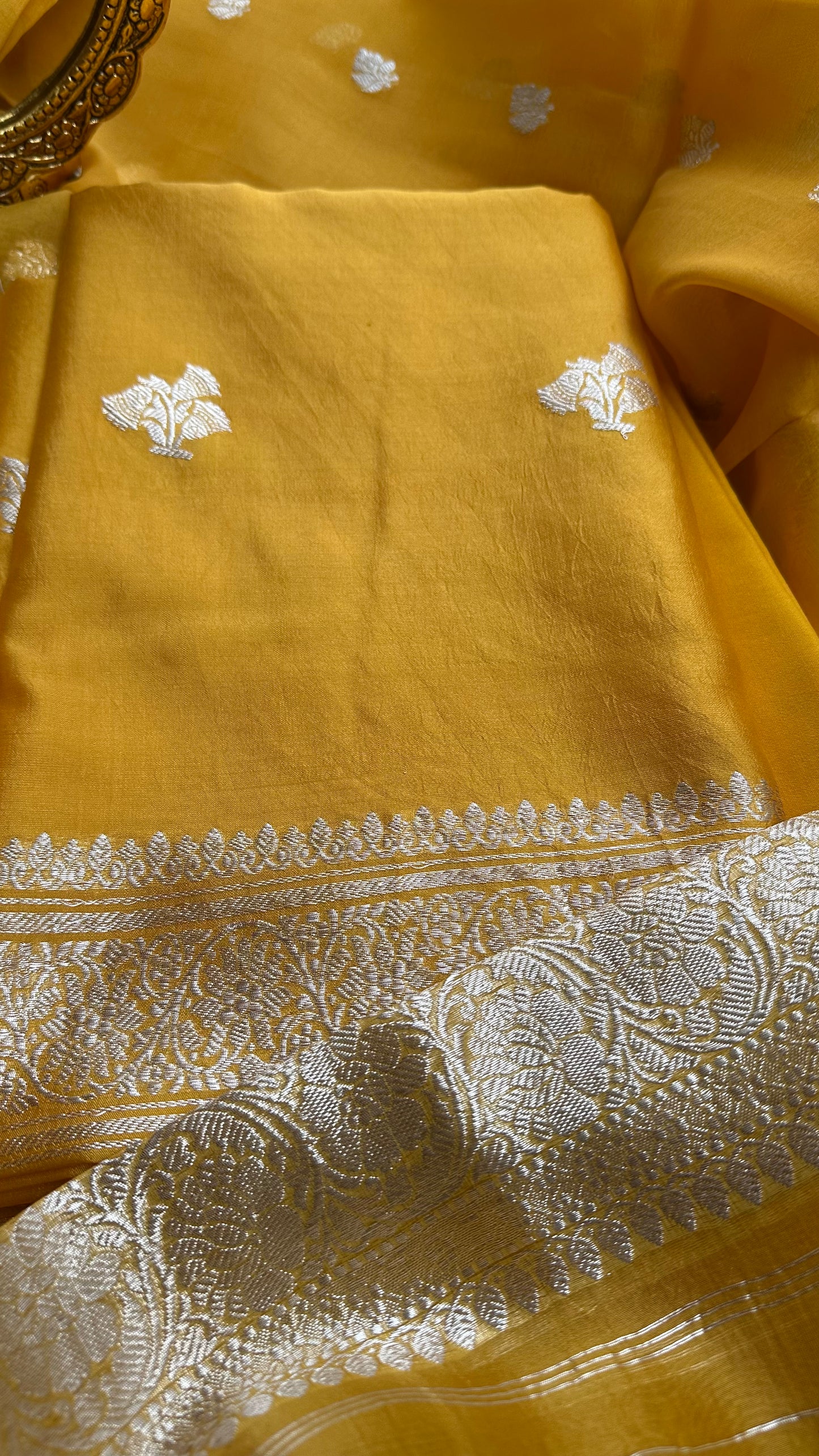 Yellow silver zari chiniya kora 3 piece suit set