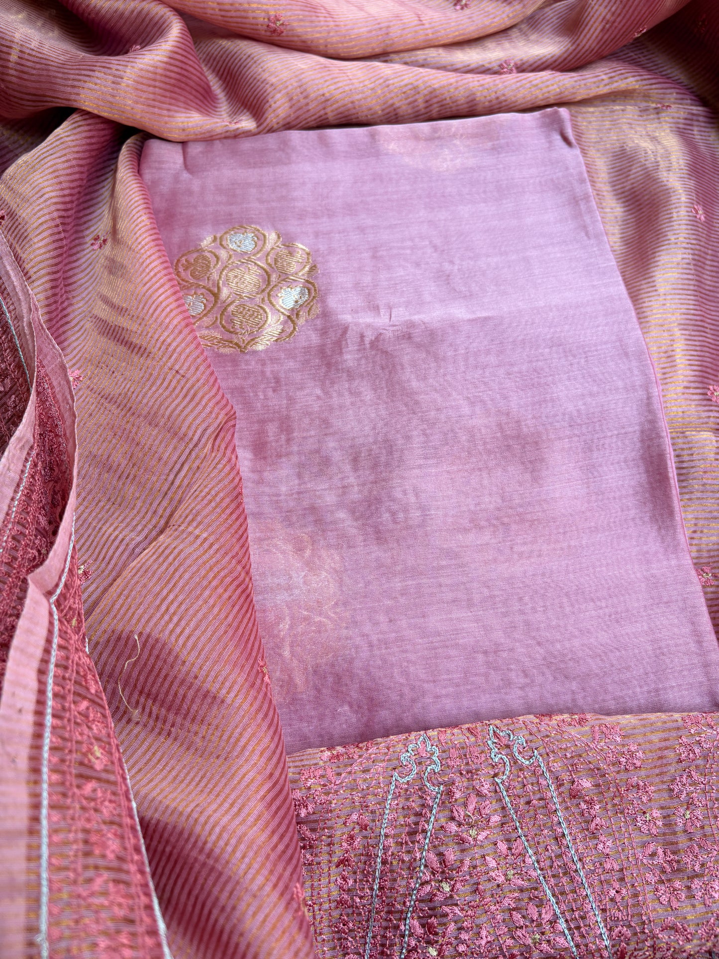Pink handloom silk kadhwa kurta, bottom, tissue kadhwa dupatta