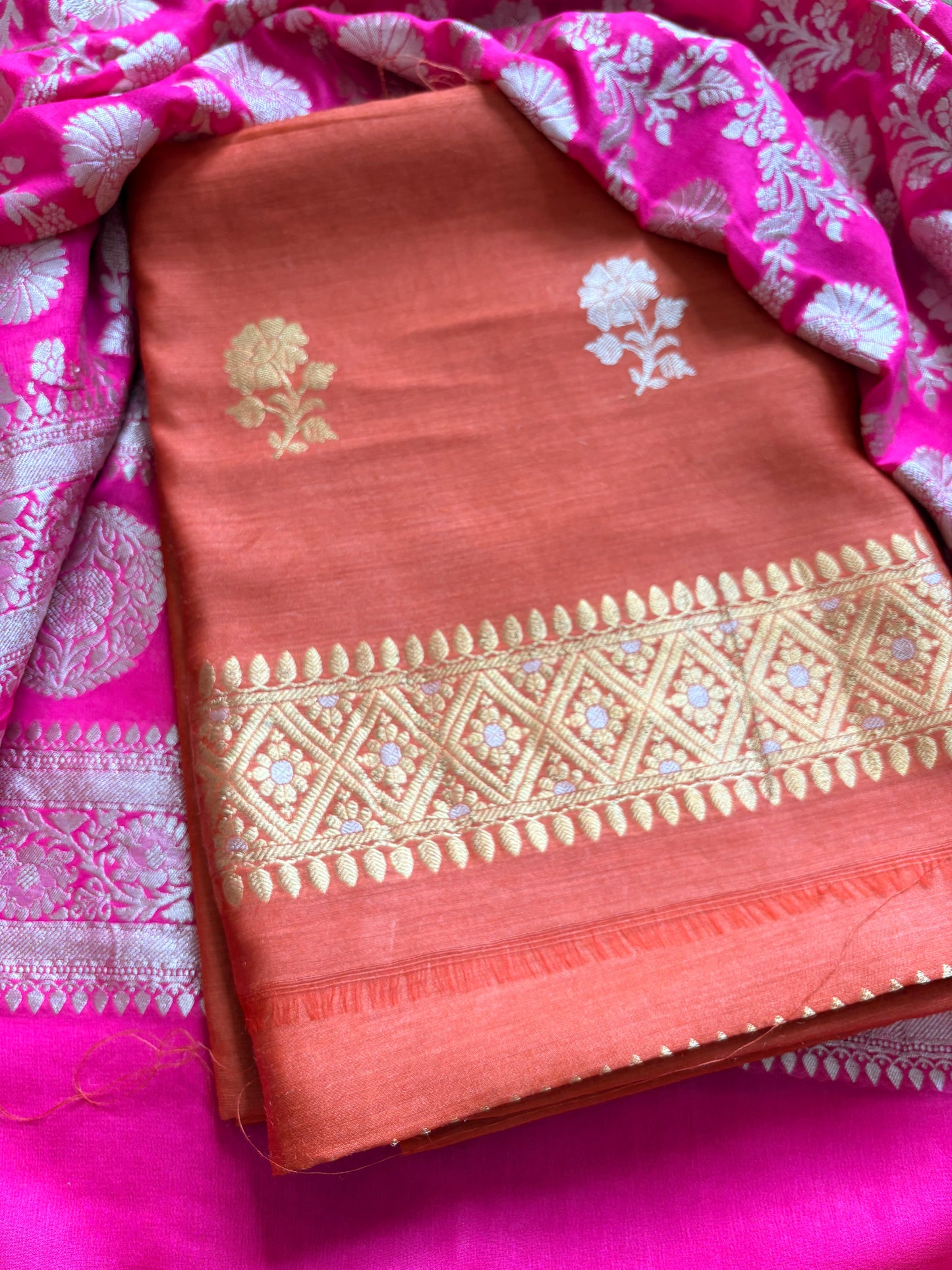 Rust moonga silk kurta, bottom and Khaddi georgette dupatta