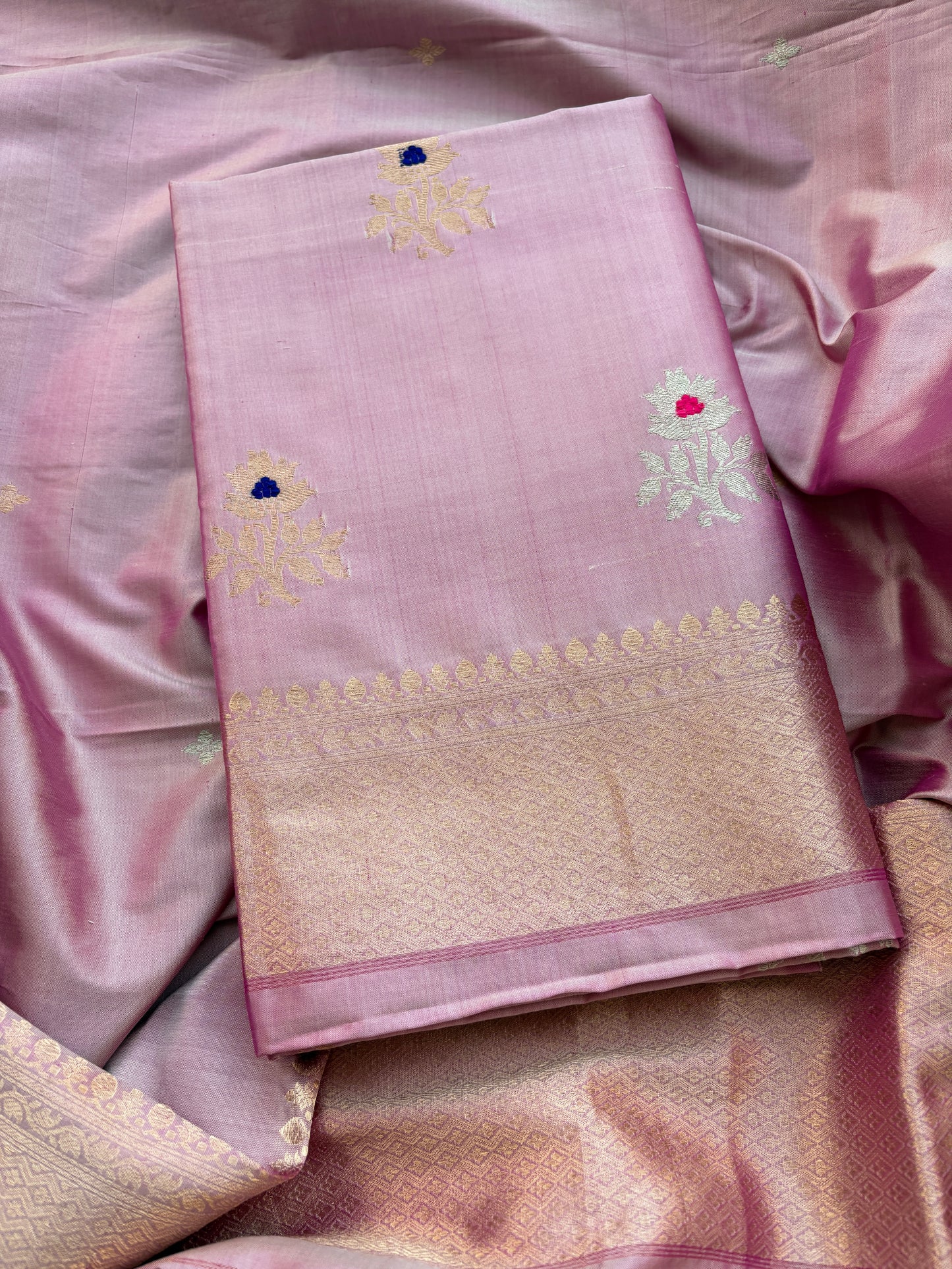 Pink lavender katan by katan silk kadhwa suit set