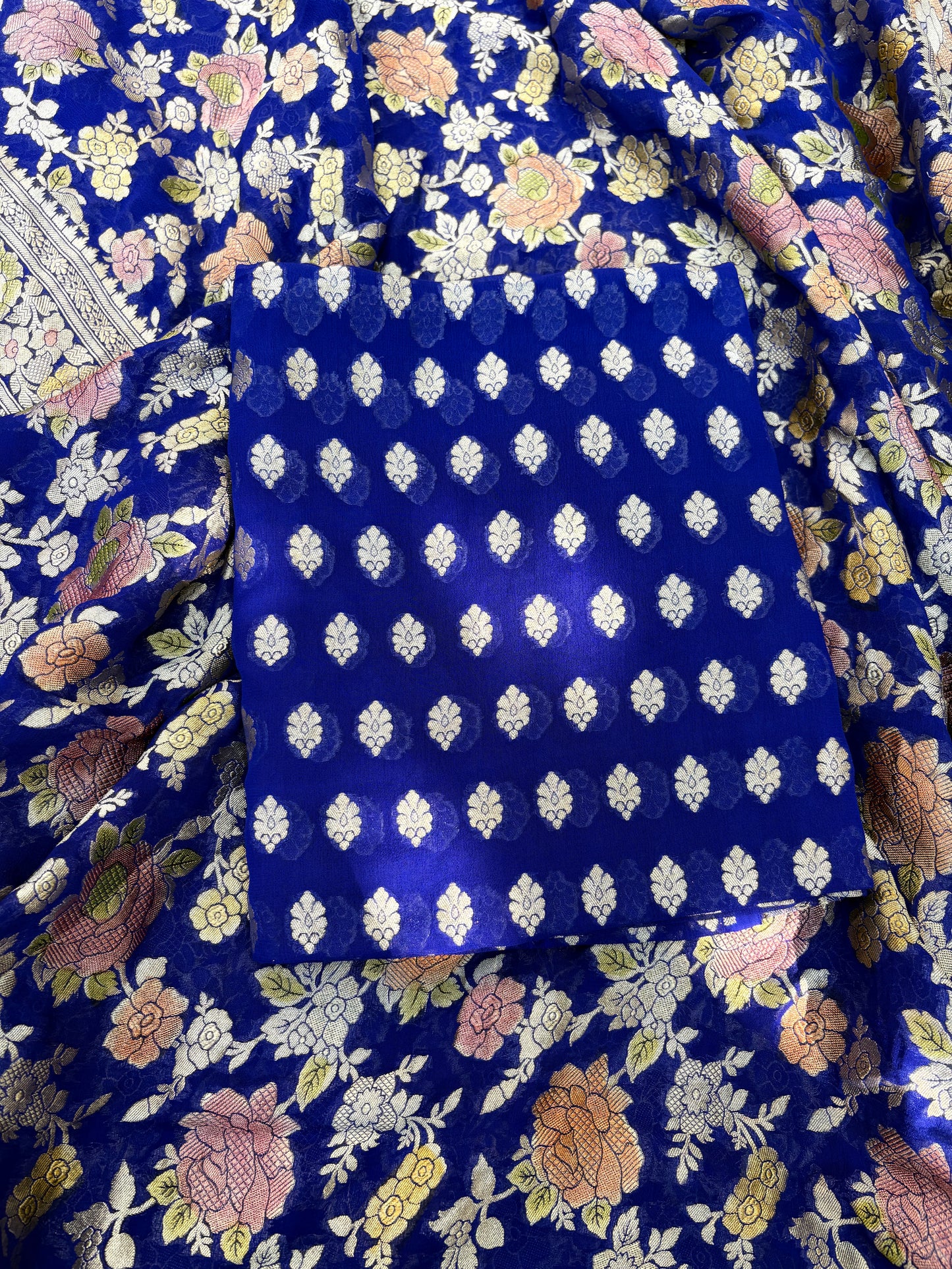 Blue Khaddi georgette kurta, handbrushed dupatta, plain bottom