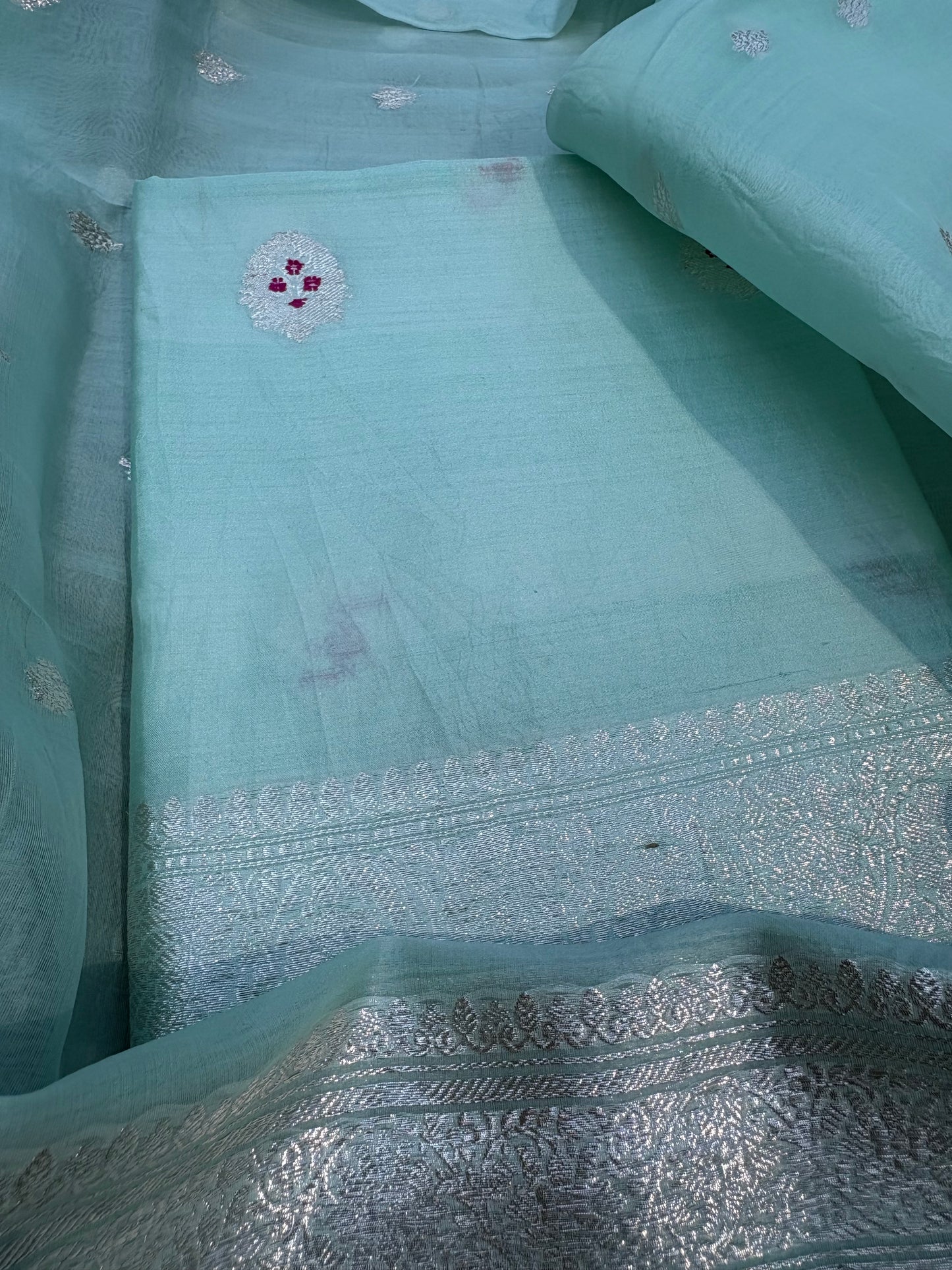 Turq silver zari meenadar kurta, kora silk dupatta, plain bottom
