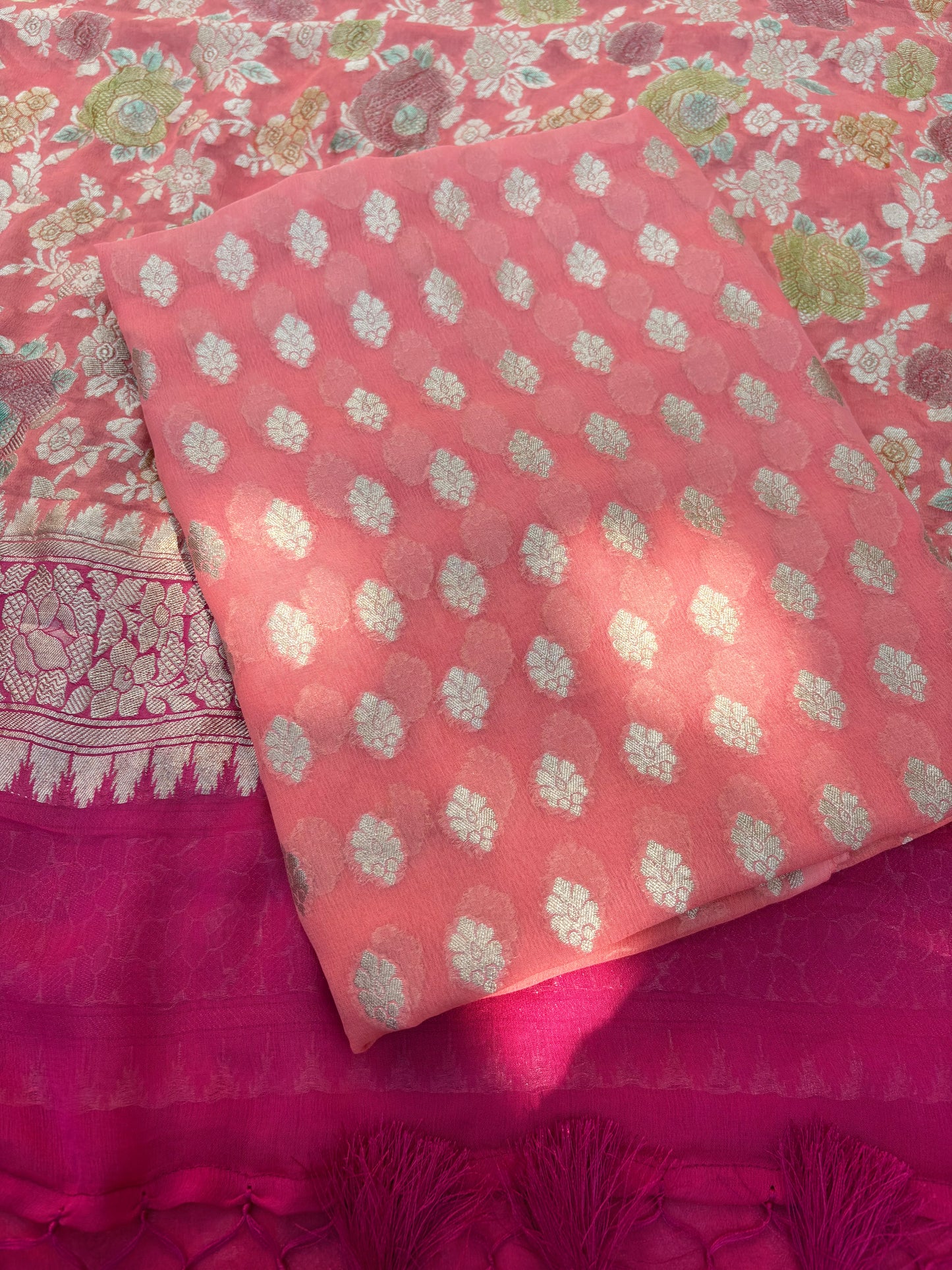Peach Khaddi georgette, handbrushed dupatta, plain bottom