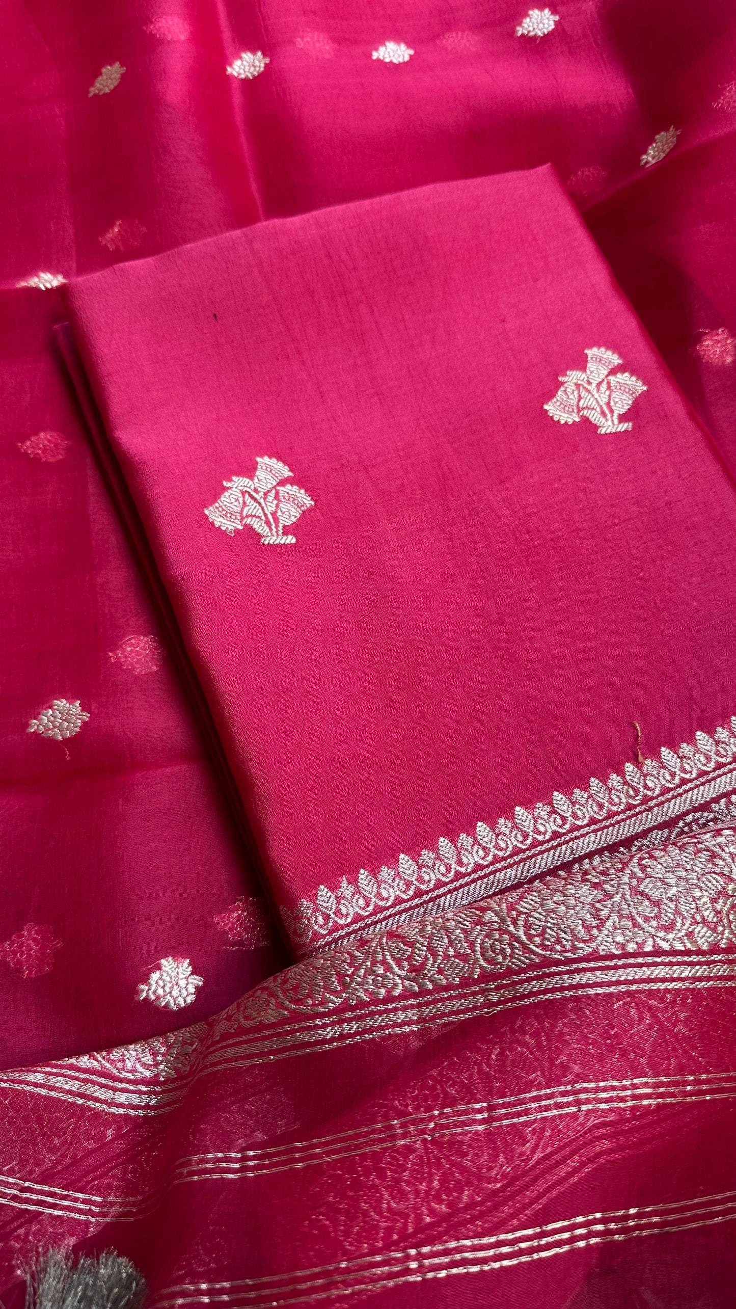 Pink pure silver zari chiniya silk kurta, kora silk dupatta, plain silk bottom.