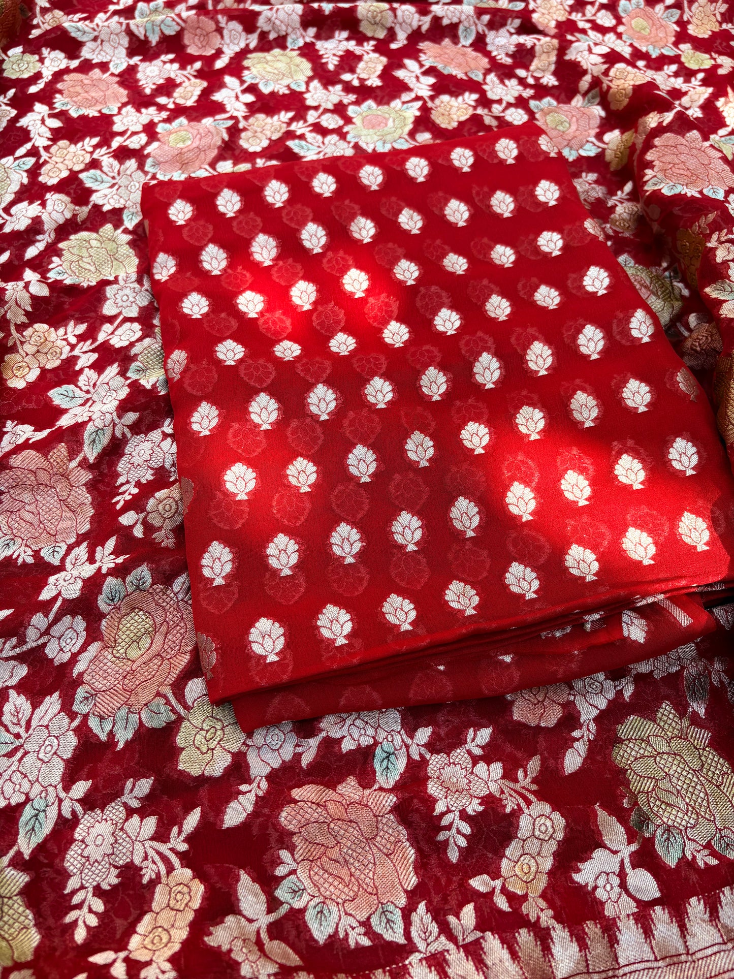 Red Khaddi georgette, hand brushed dupatta, plain bottom
