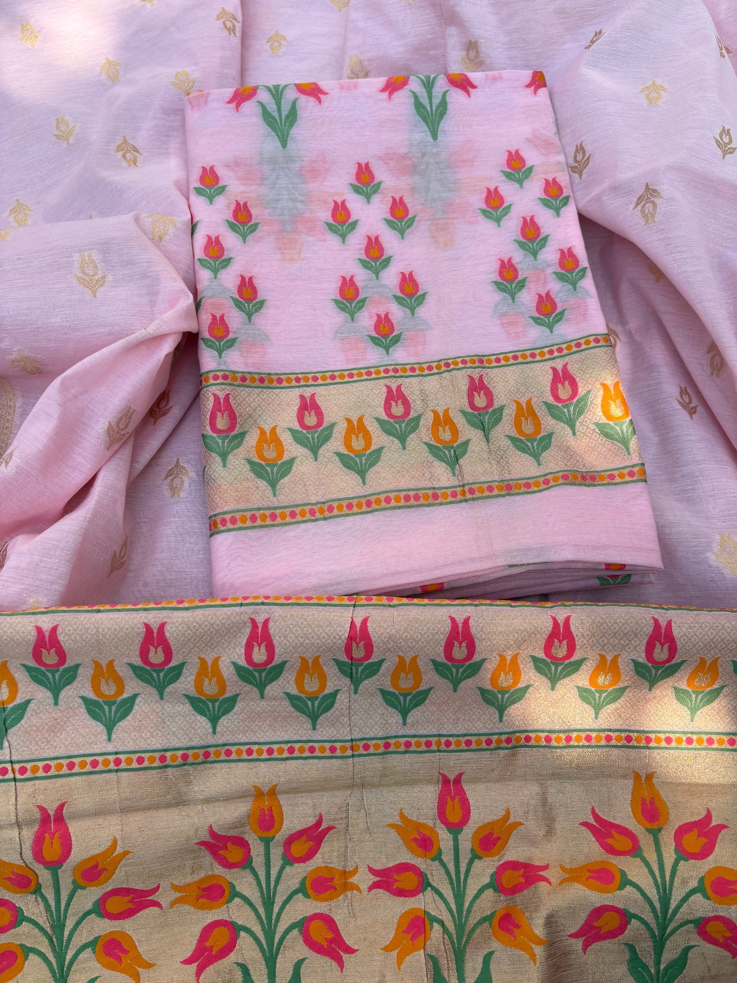 Pink meenadar flower design Chanderi cotton suit set