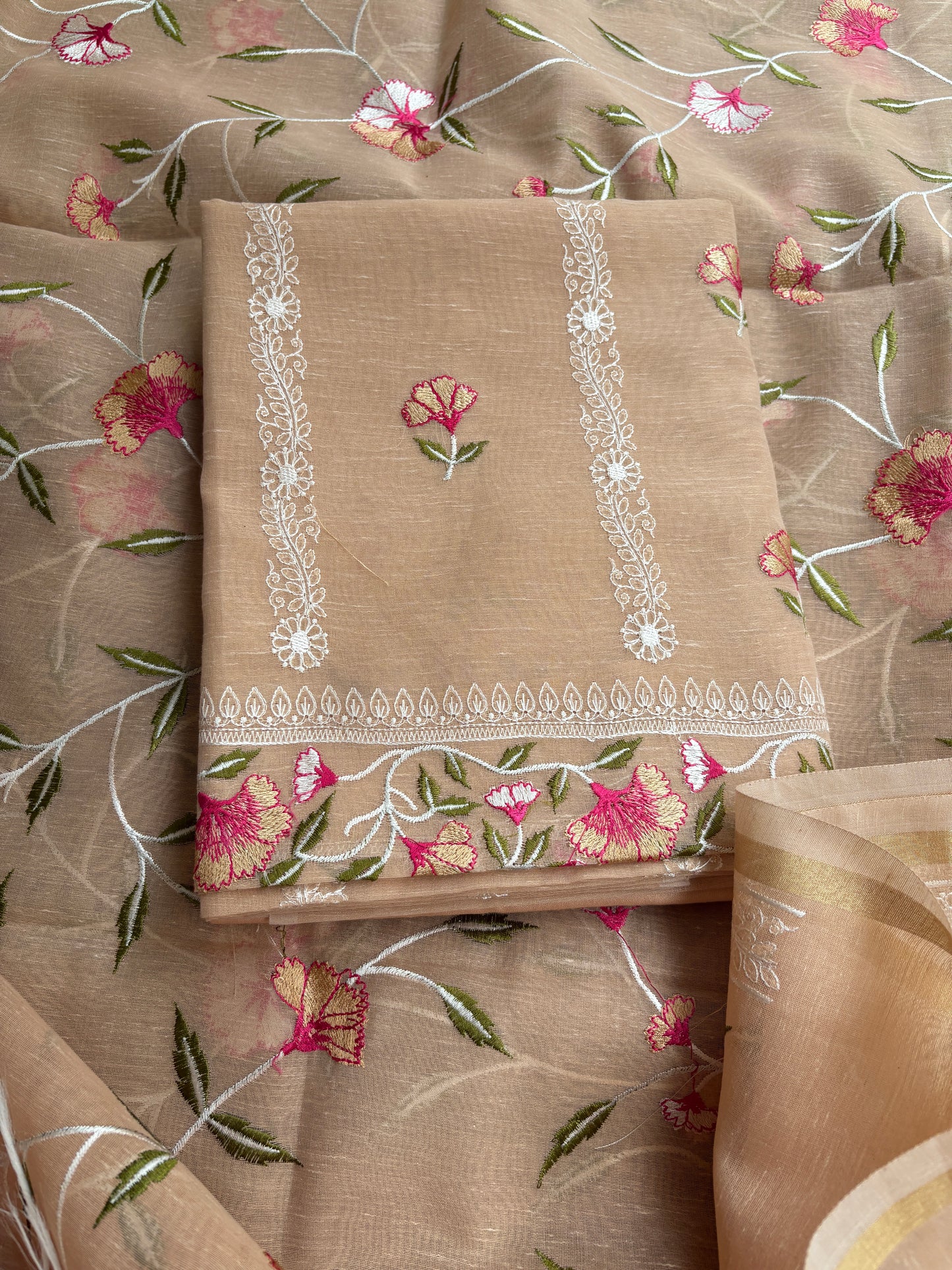 Nude beige cotton linen 3 piece suit set