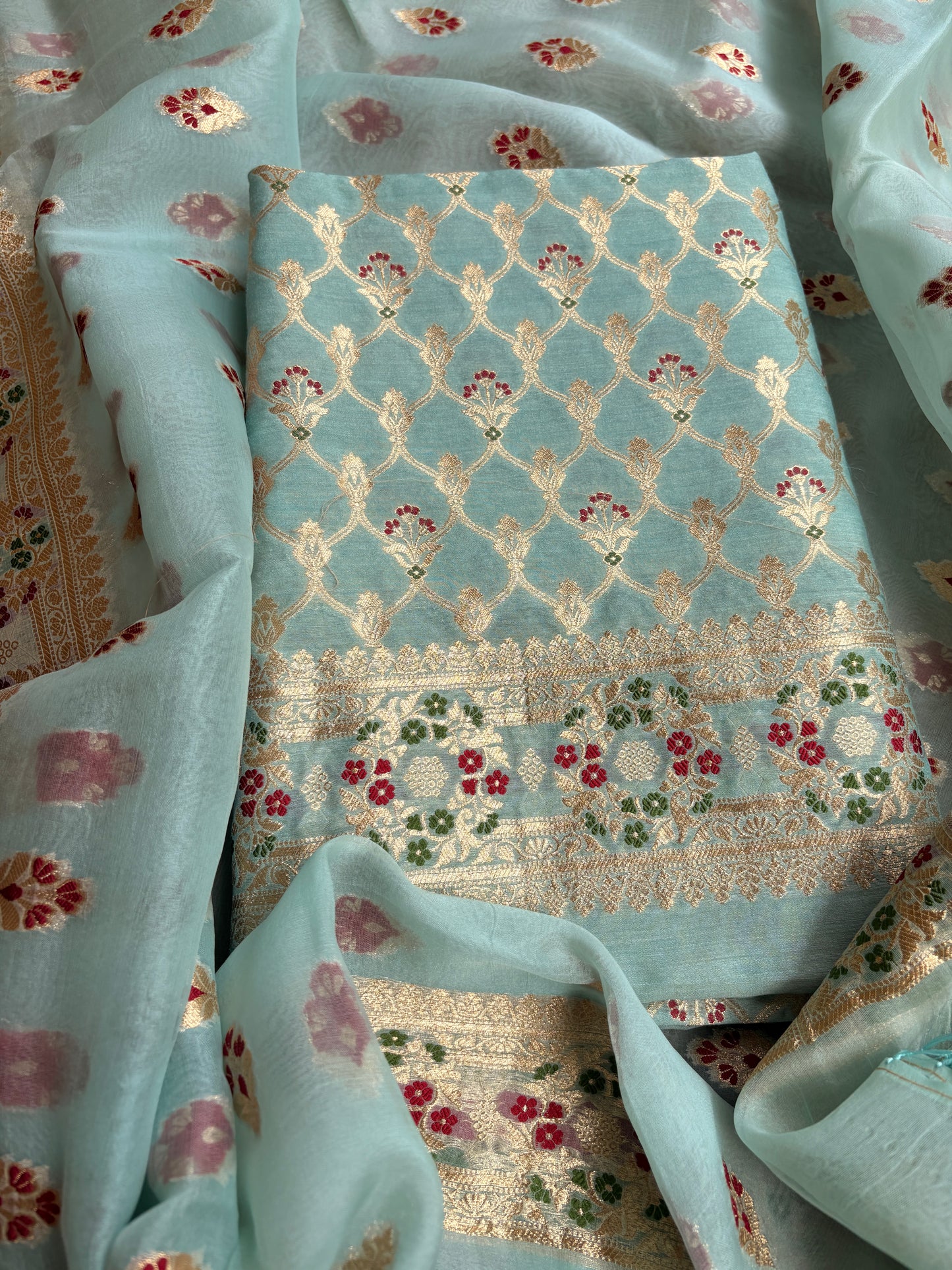 Blue moonga silk kurta, kora silk kadhwa dupatta , plain bottom