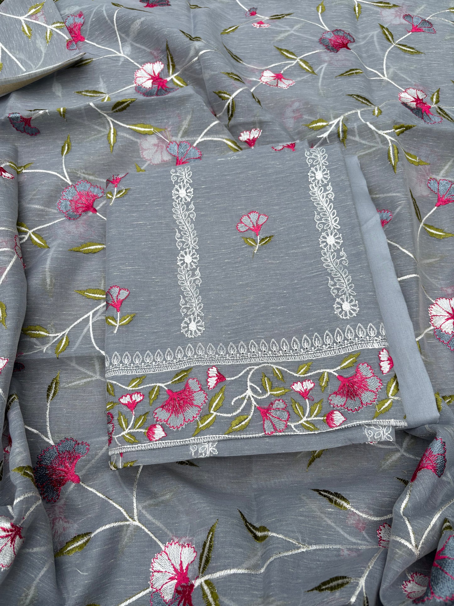 Grey linen cotton embroidered 3 piece suit set