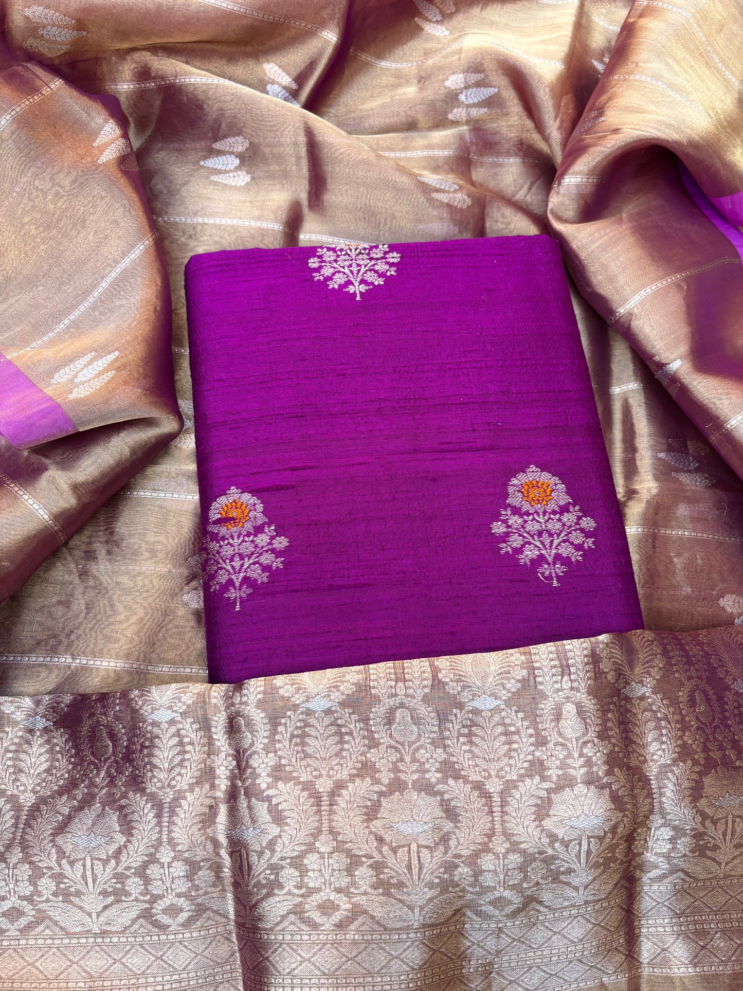 Purple raw silk kurta,bottom, kadhwa tissue dupatta