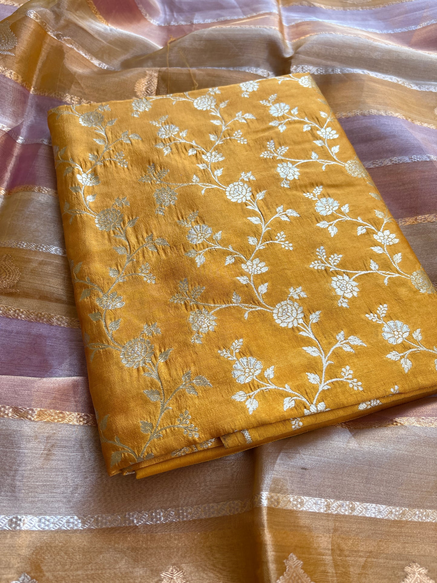 Yellow Chiniya silk kurta bottom and kora tissue dupatta