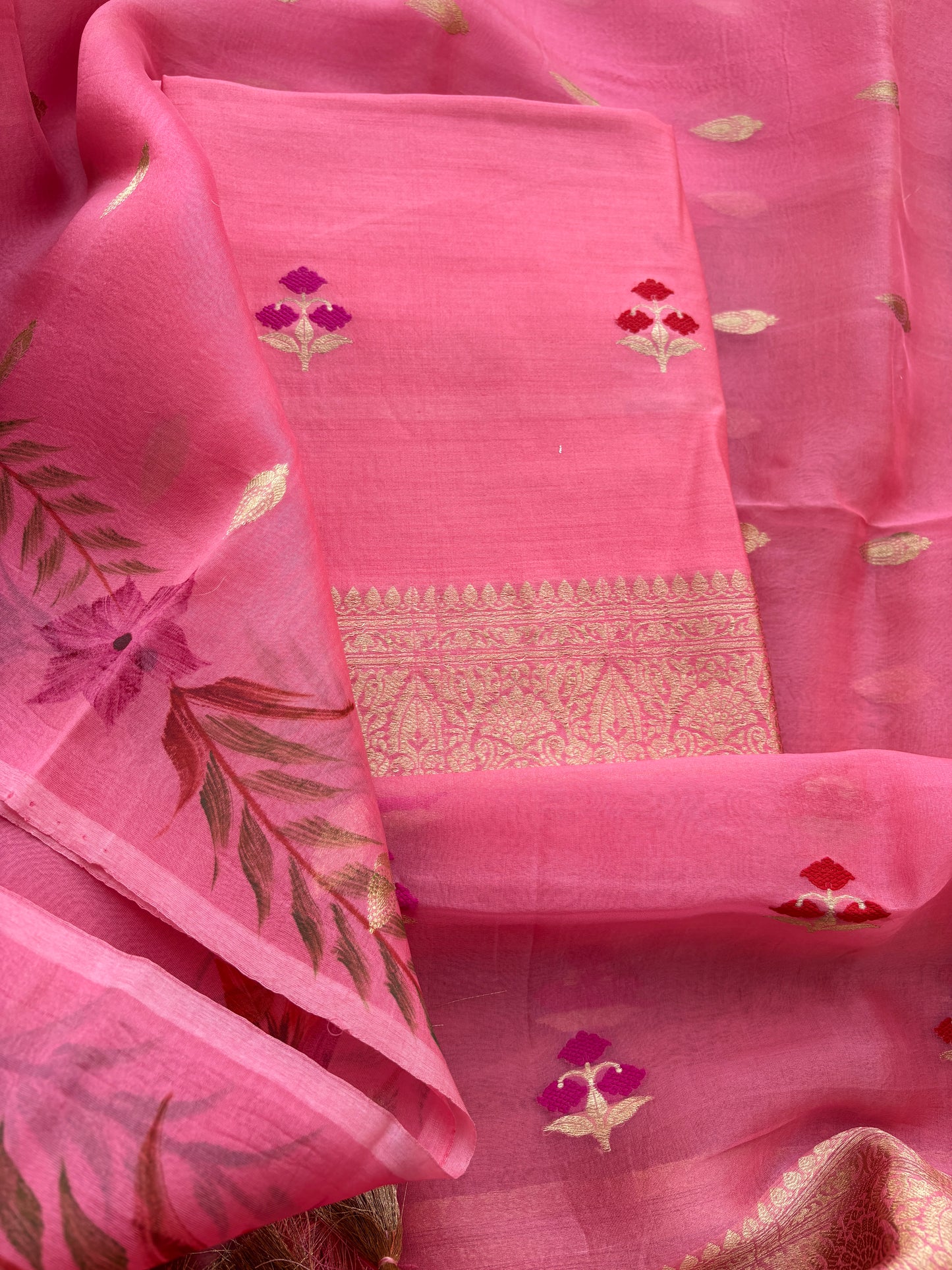 Pink Chiniya silk kora silk suit set