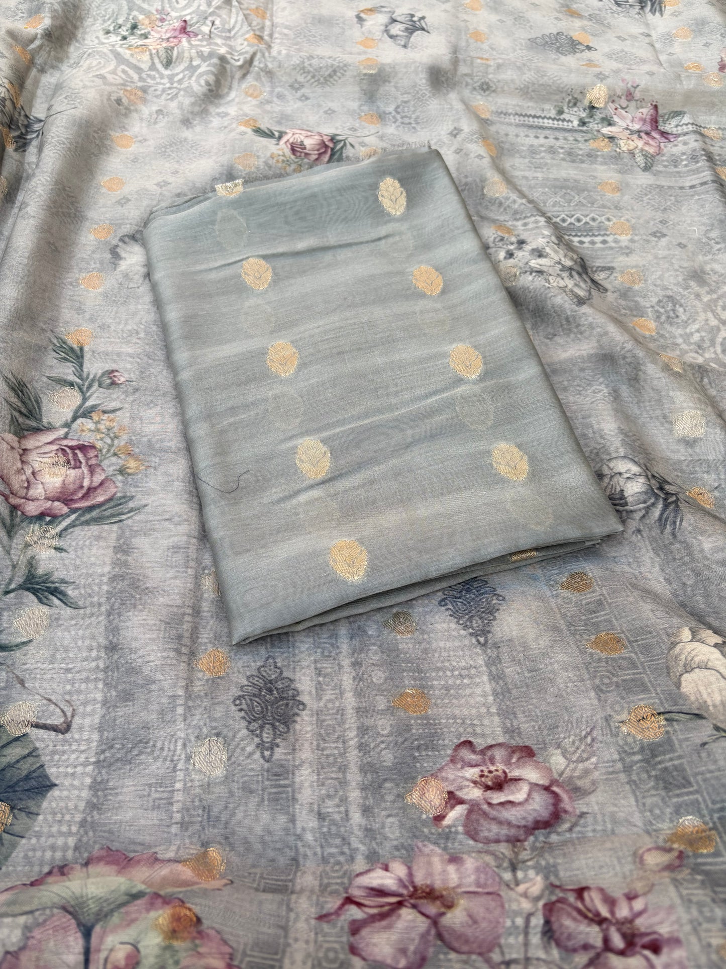 Grey mul Chanderi silk 3 piece suit set