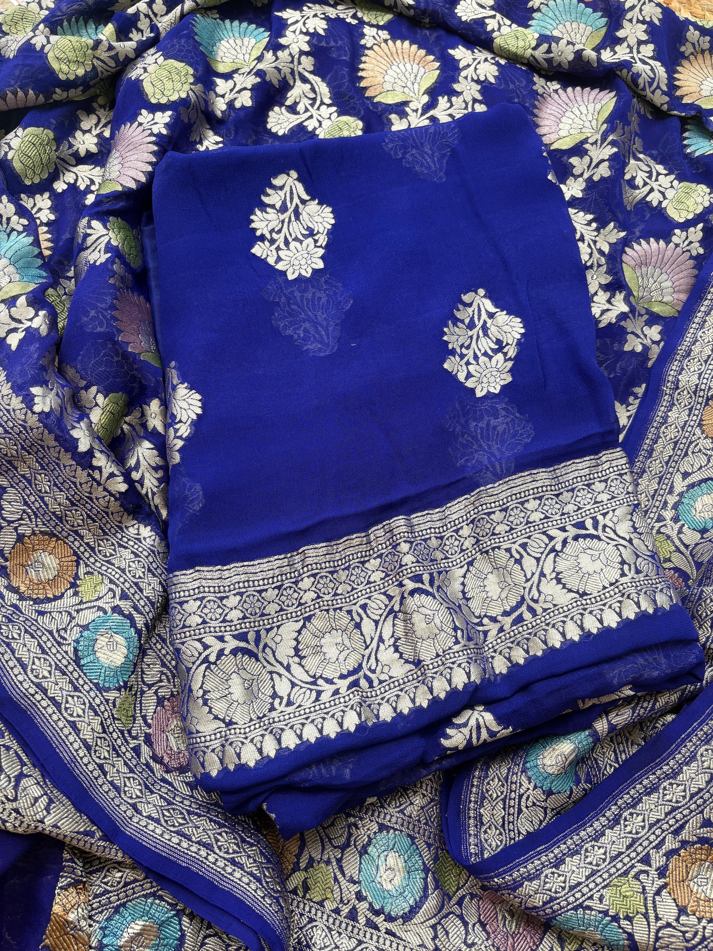 Blue Khaddi georgette suit set with meenadar dupatta