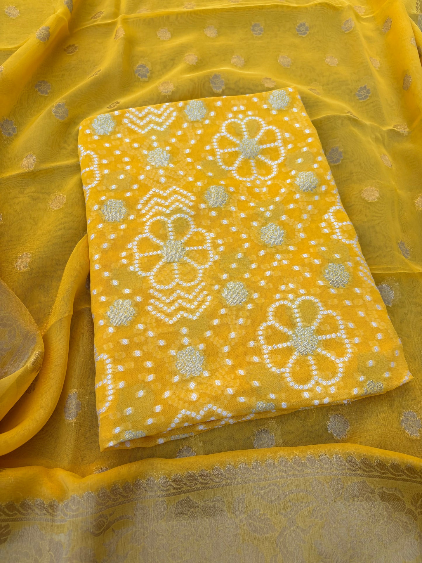 Yellow premium chiffon bandhani 3 piece suit set