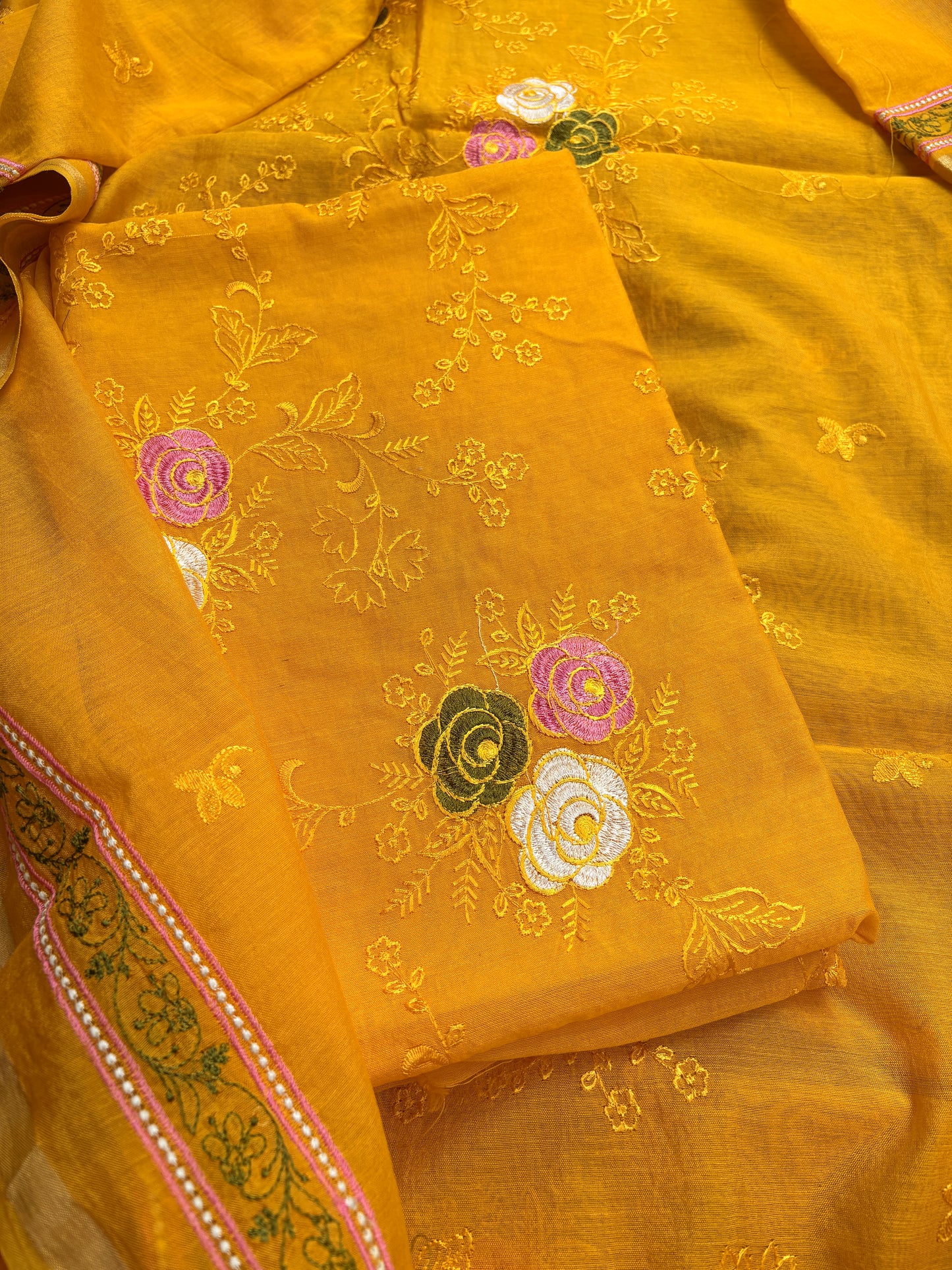Yellow cotton embroidered suit set