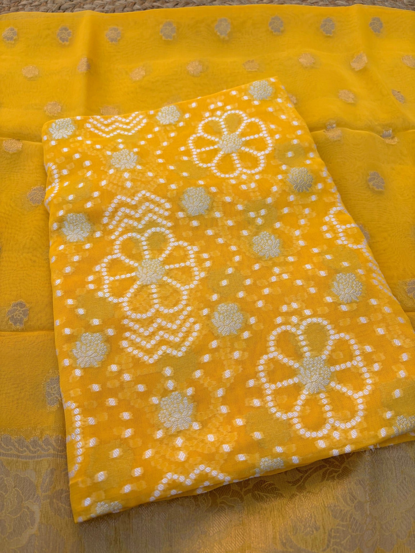 Yellow premium chiffon bandhani 3 piece suit set