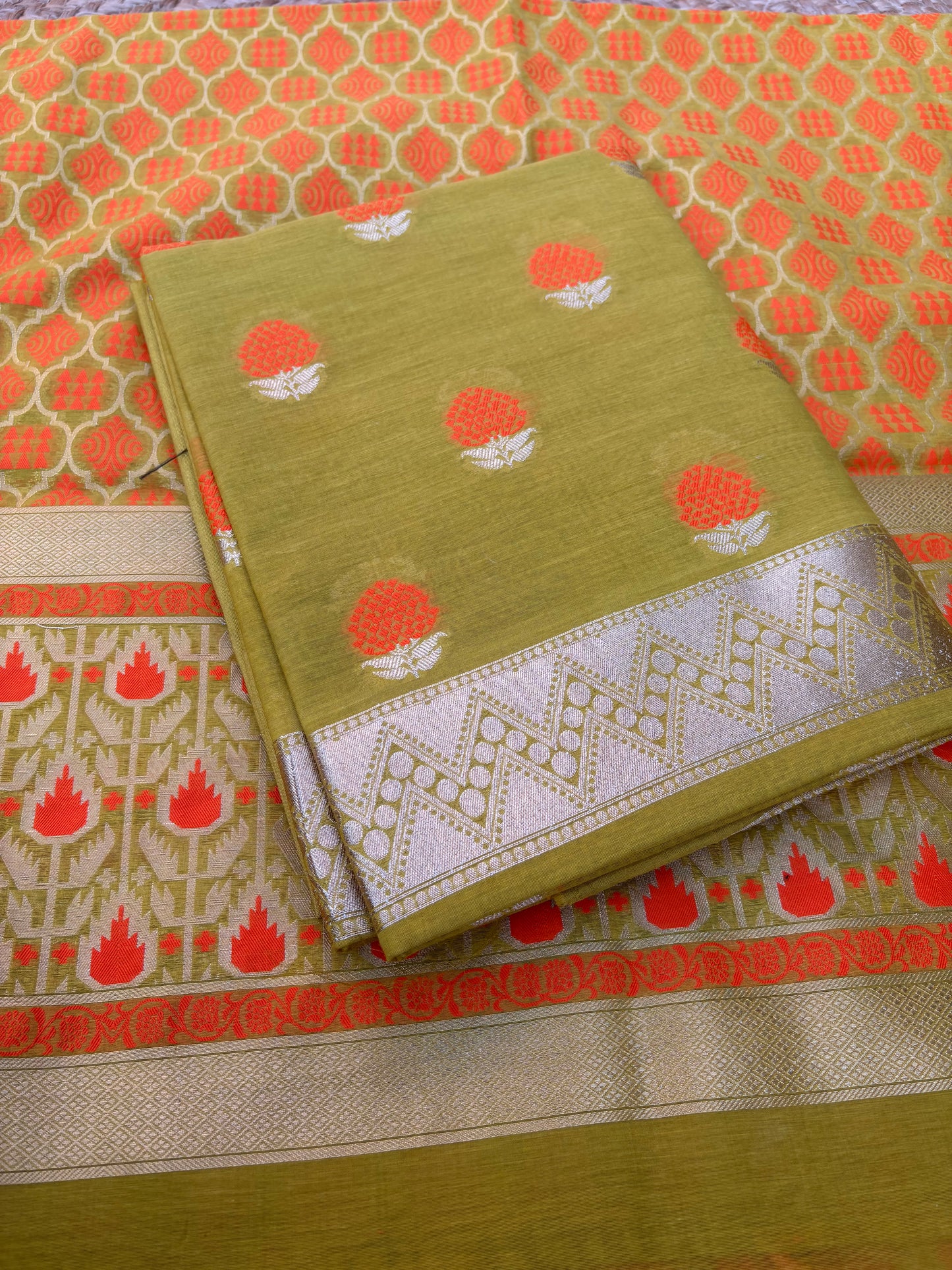 Lime green orange Meenakari 3 piece suit set