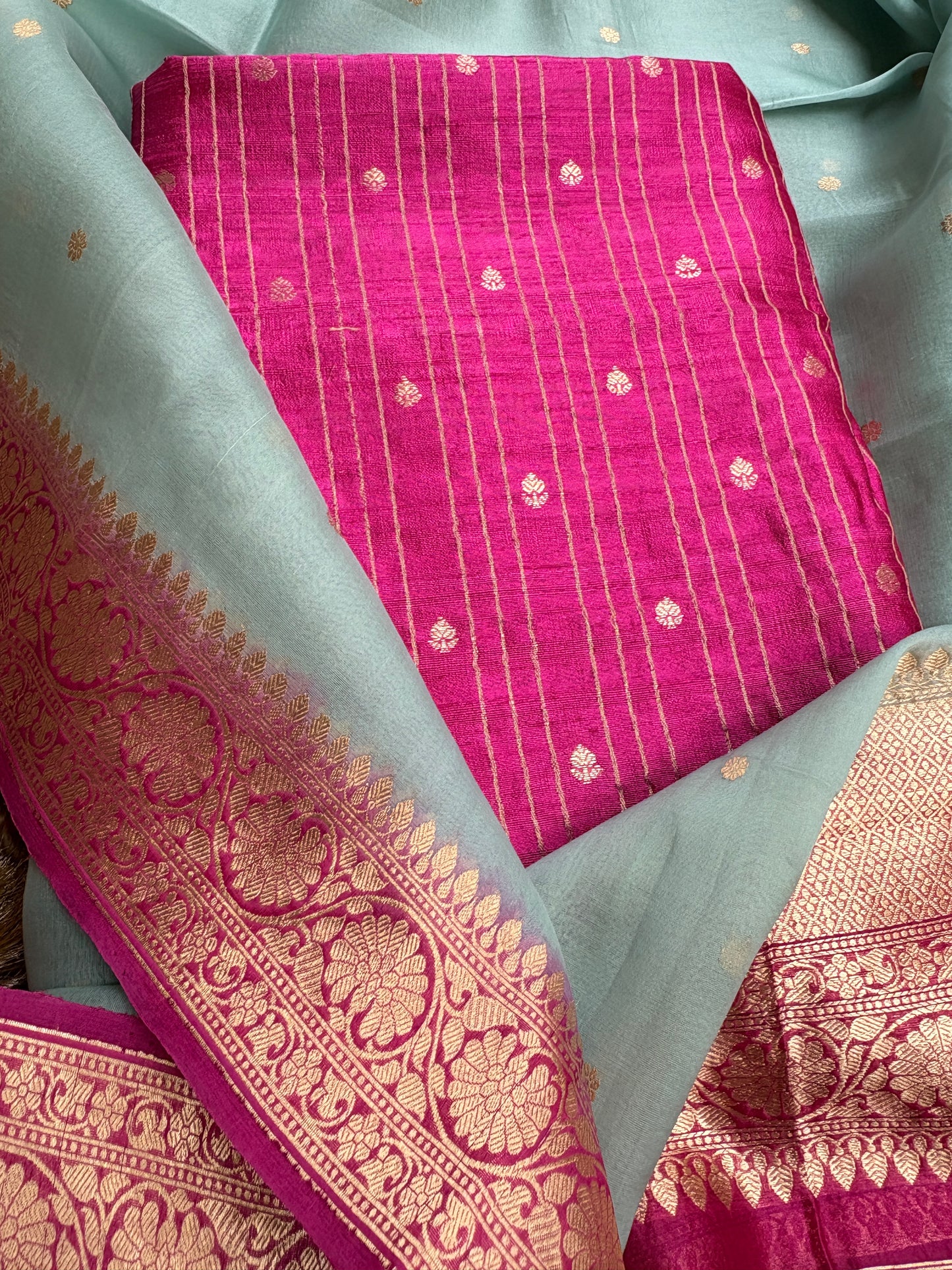 Pink raw silk kurta, bottom , kora shaded dupatta