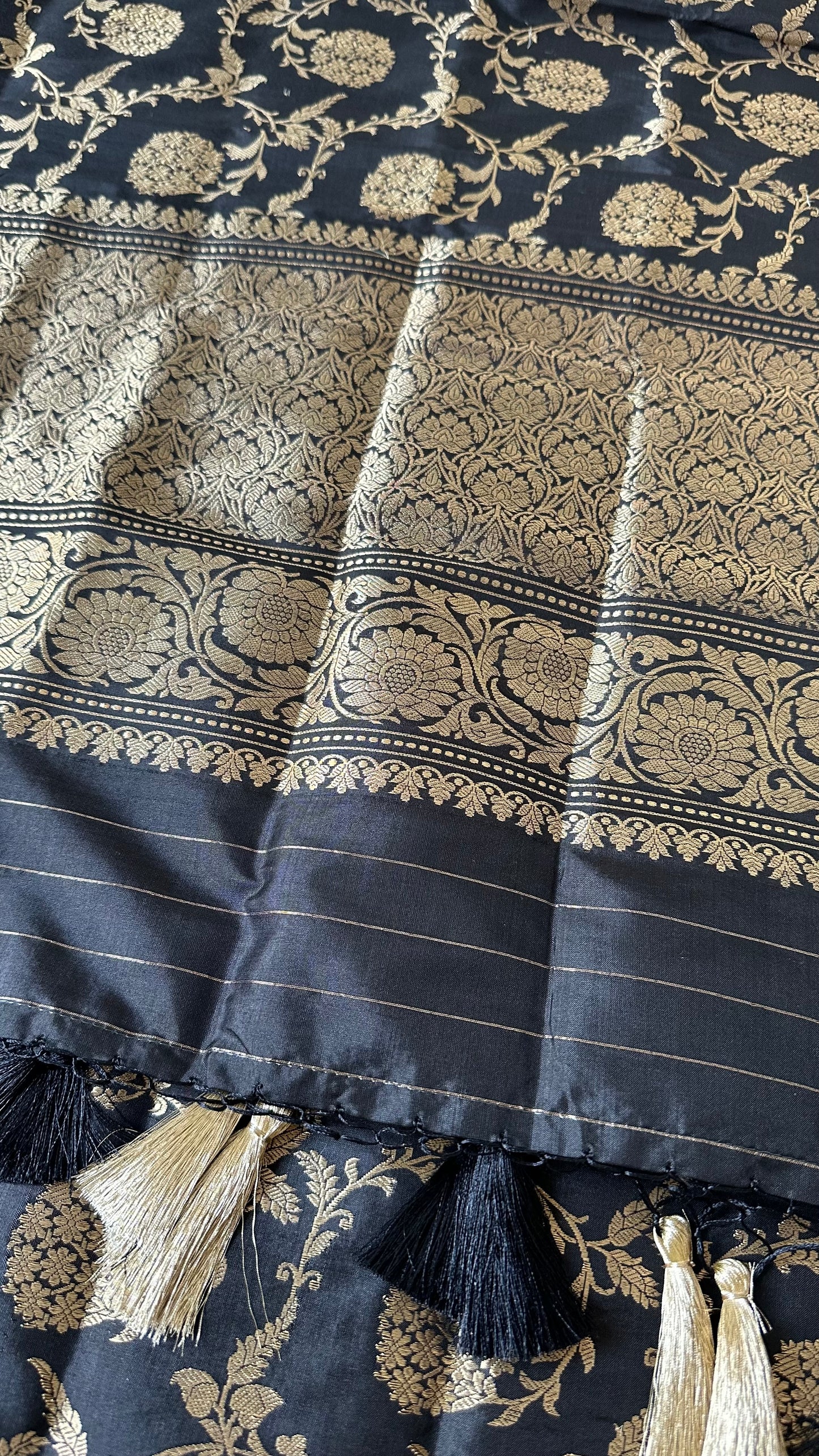 Black katan silk kadhwa weave dupatta.