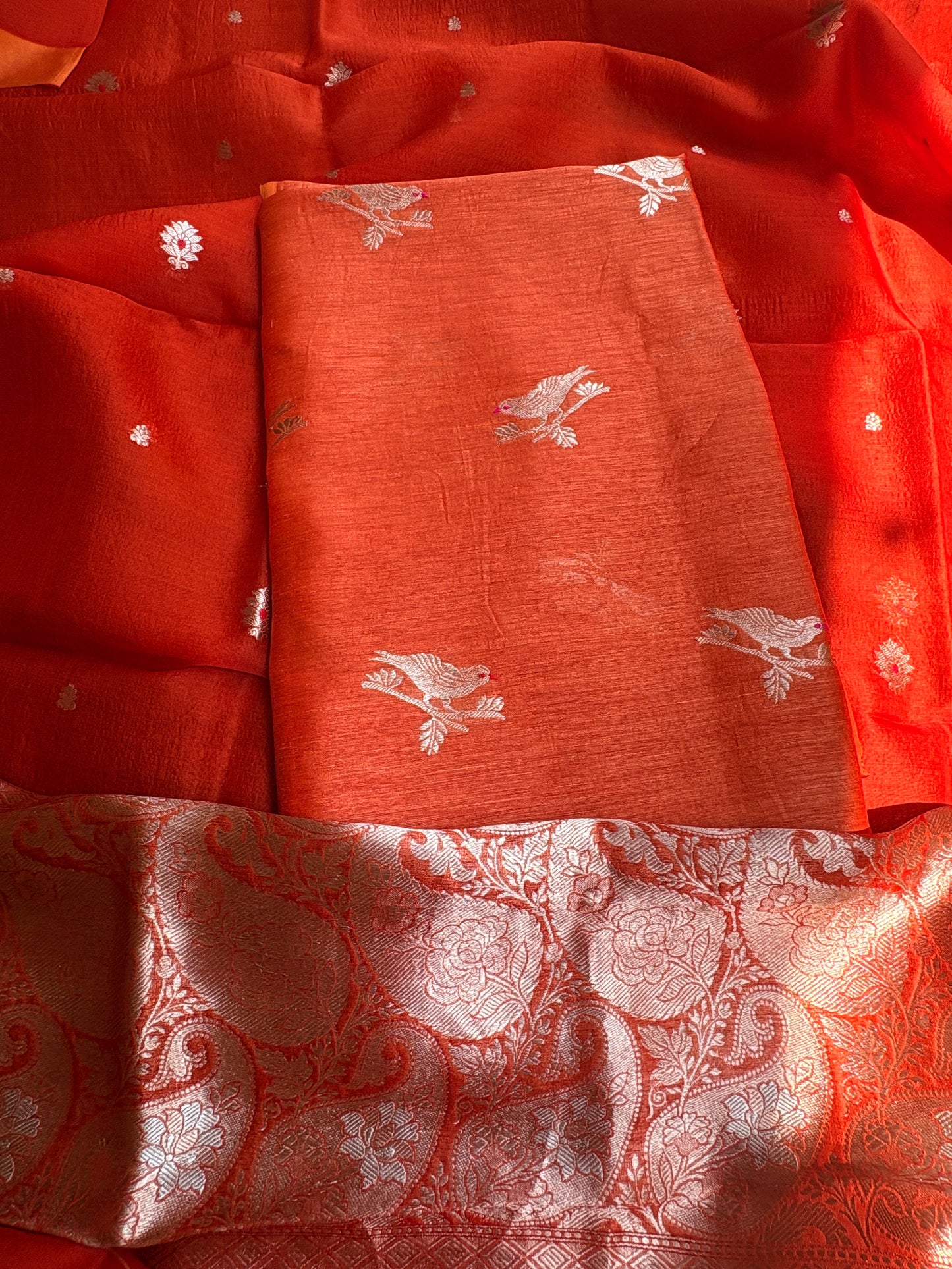 Orange linen silk kurta, bottom , kora silk dupatta