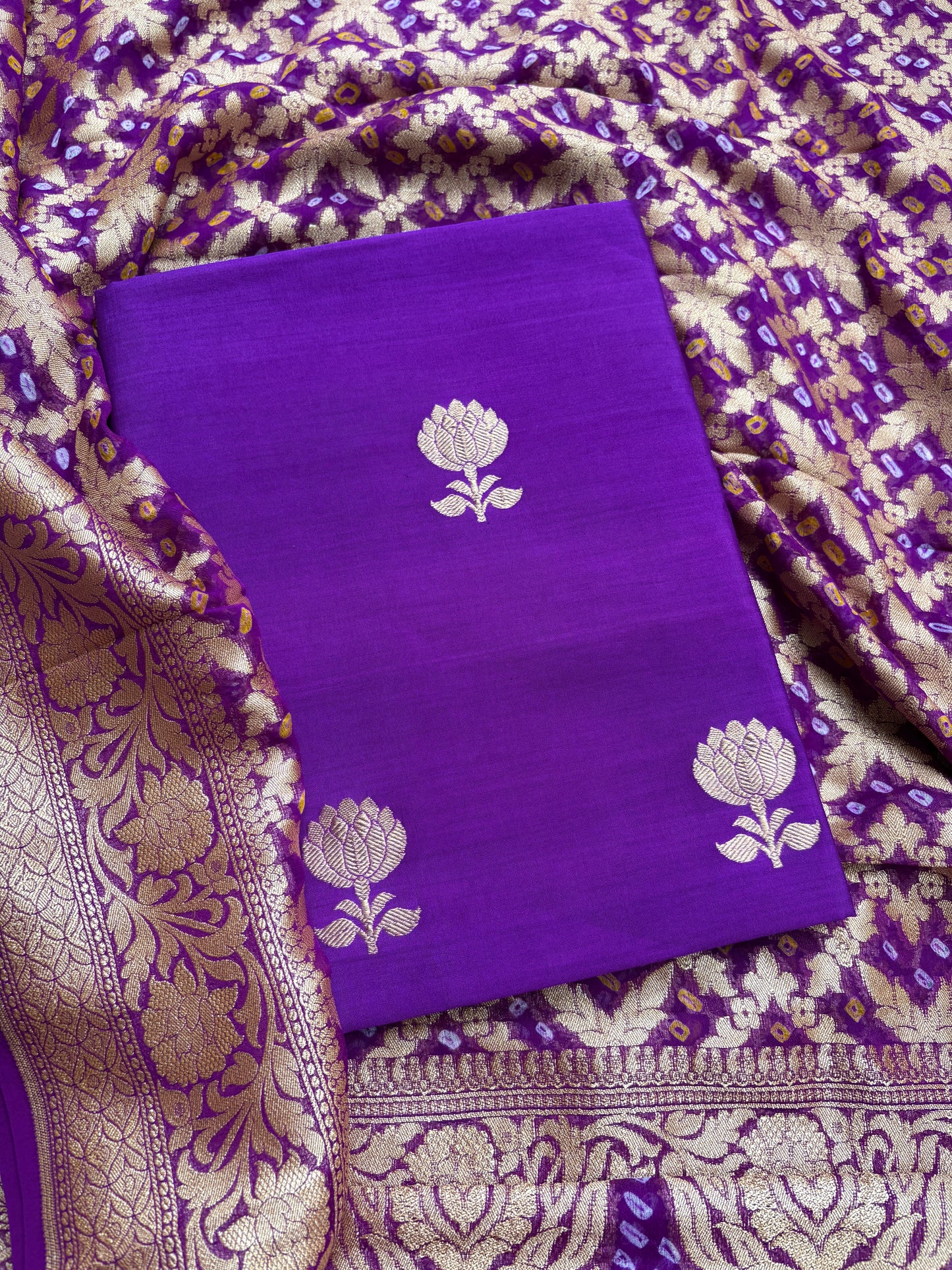 Purple Chiniya kurta , bottom khaadi bandhani dupatta