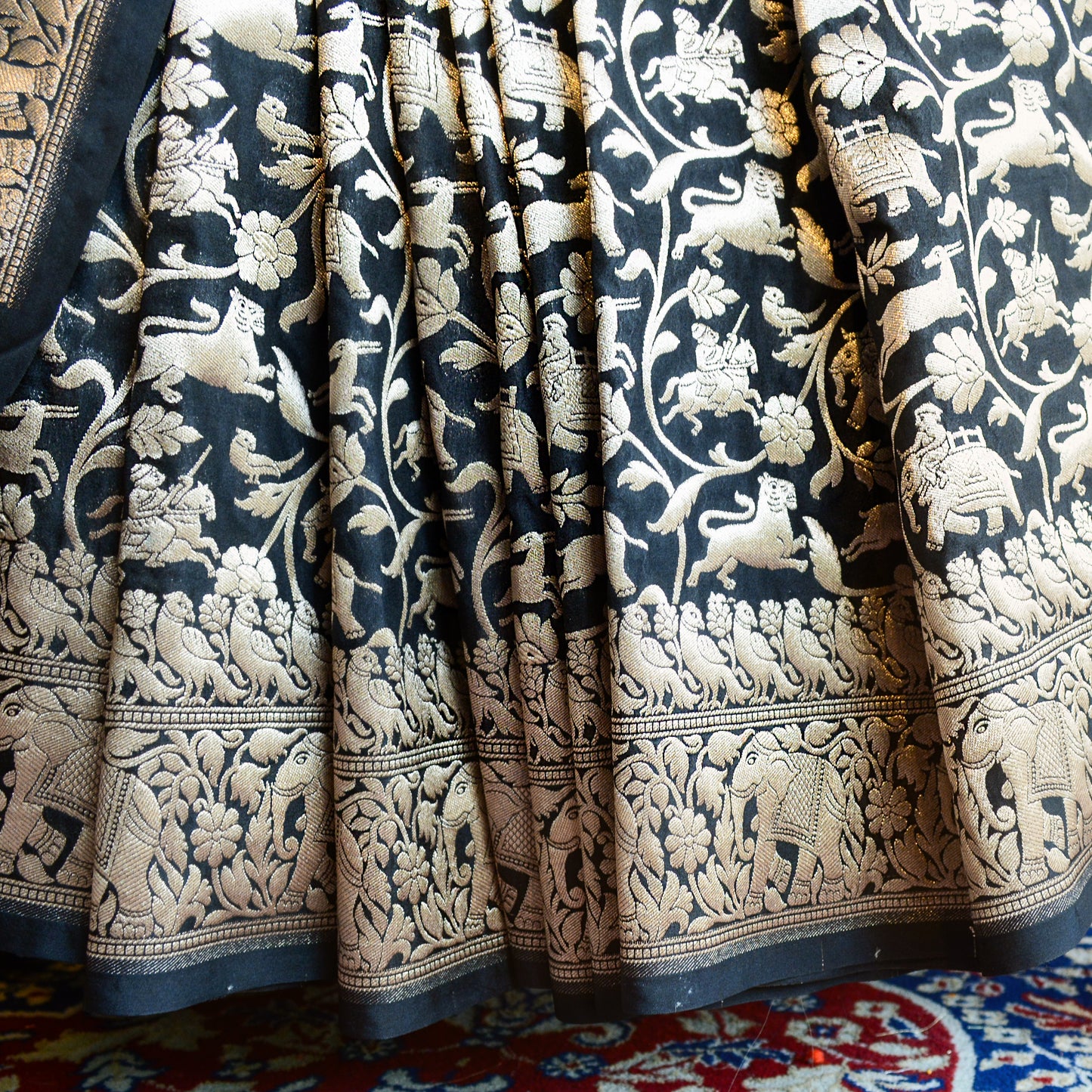 Black full jaal shikargah Silk Saree