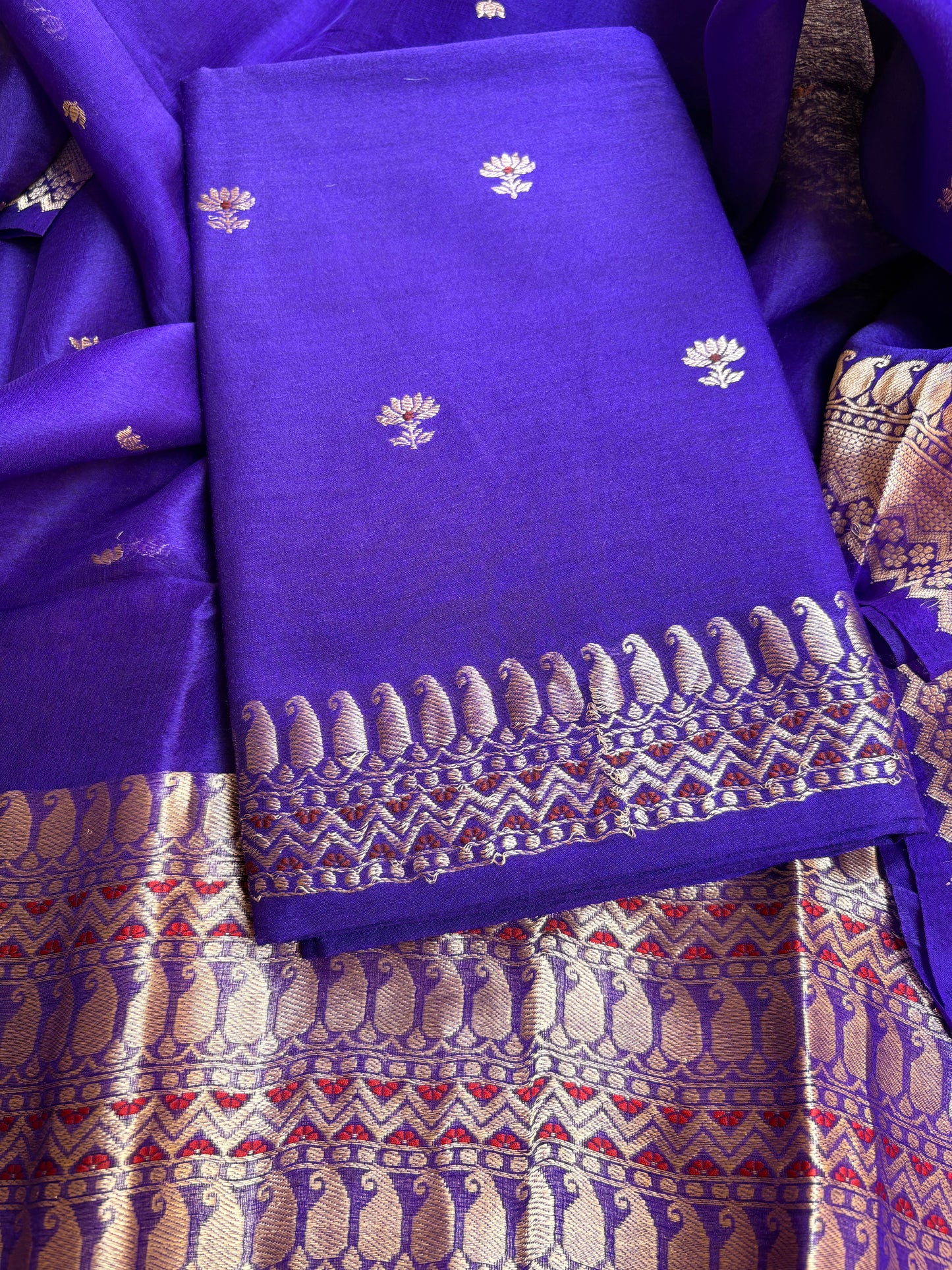 Purple moonga silk kurta, bottom , kora kadhwa silk dupatta