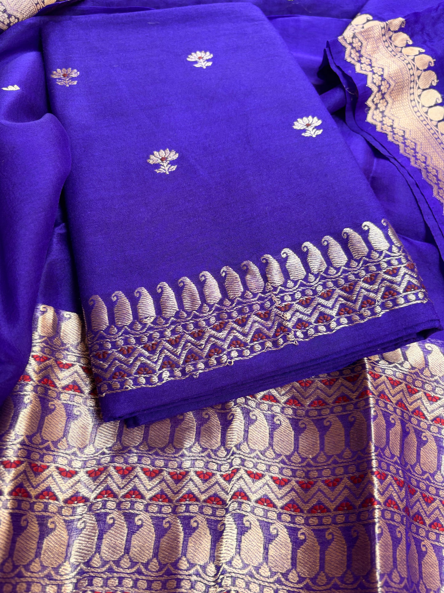 Purple moonga silk kurta, bottom , kora kadhwa silk dupatta