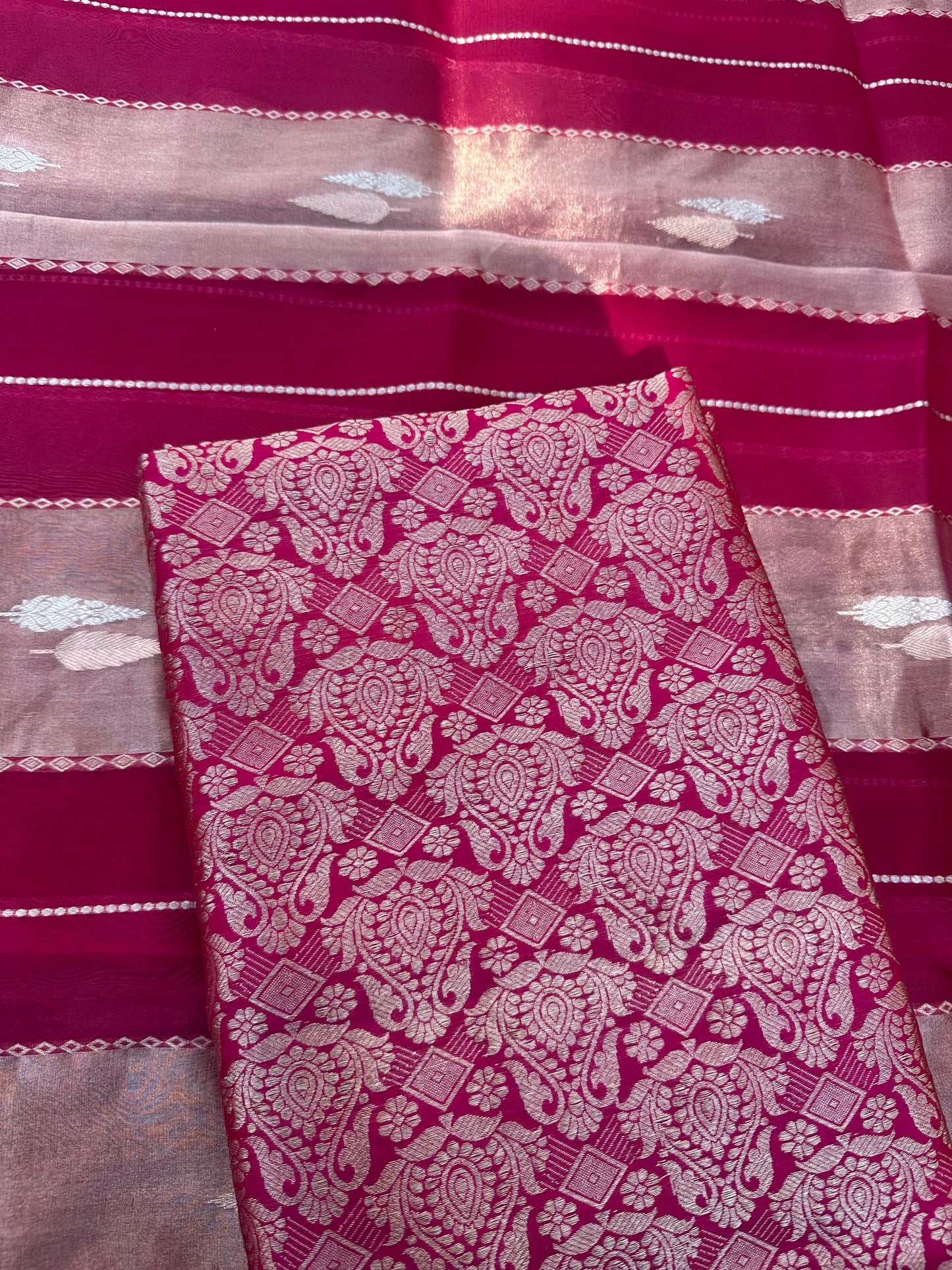 Rani raw mango silk brocade silk kurta, kora tissue dupatta, plain bottom