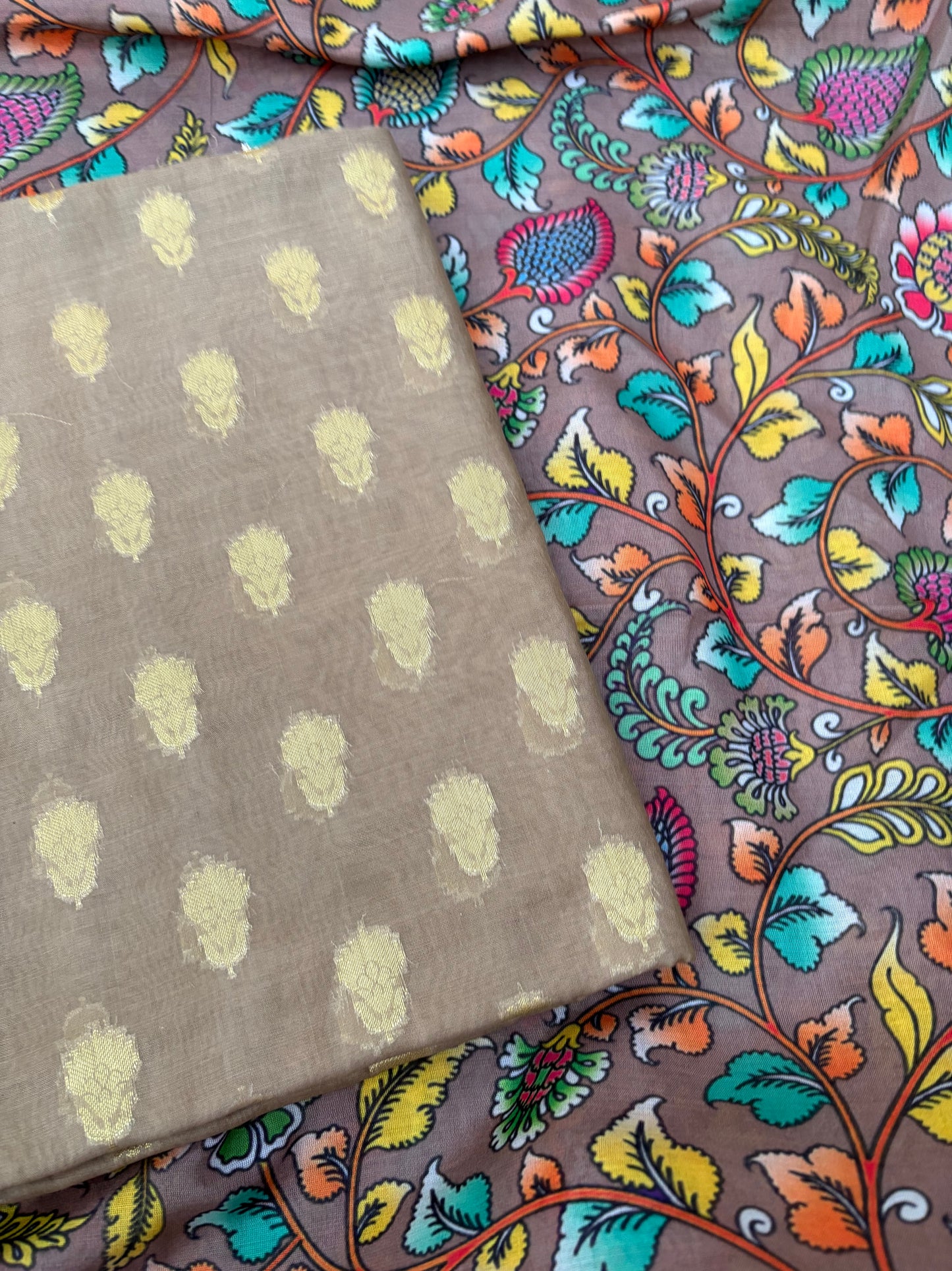 Beige cotton suit with digital printed dupatta