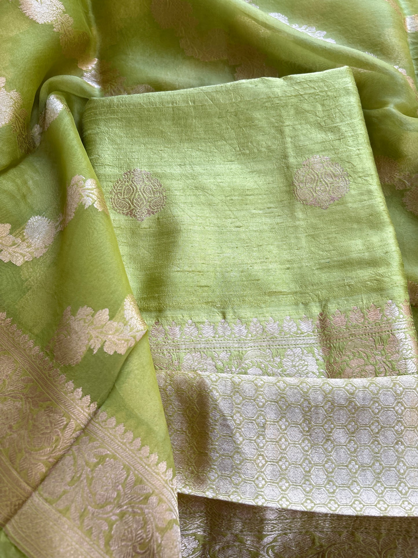 Green raw silk kadhwa suit set with kora silk dupatta