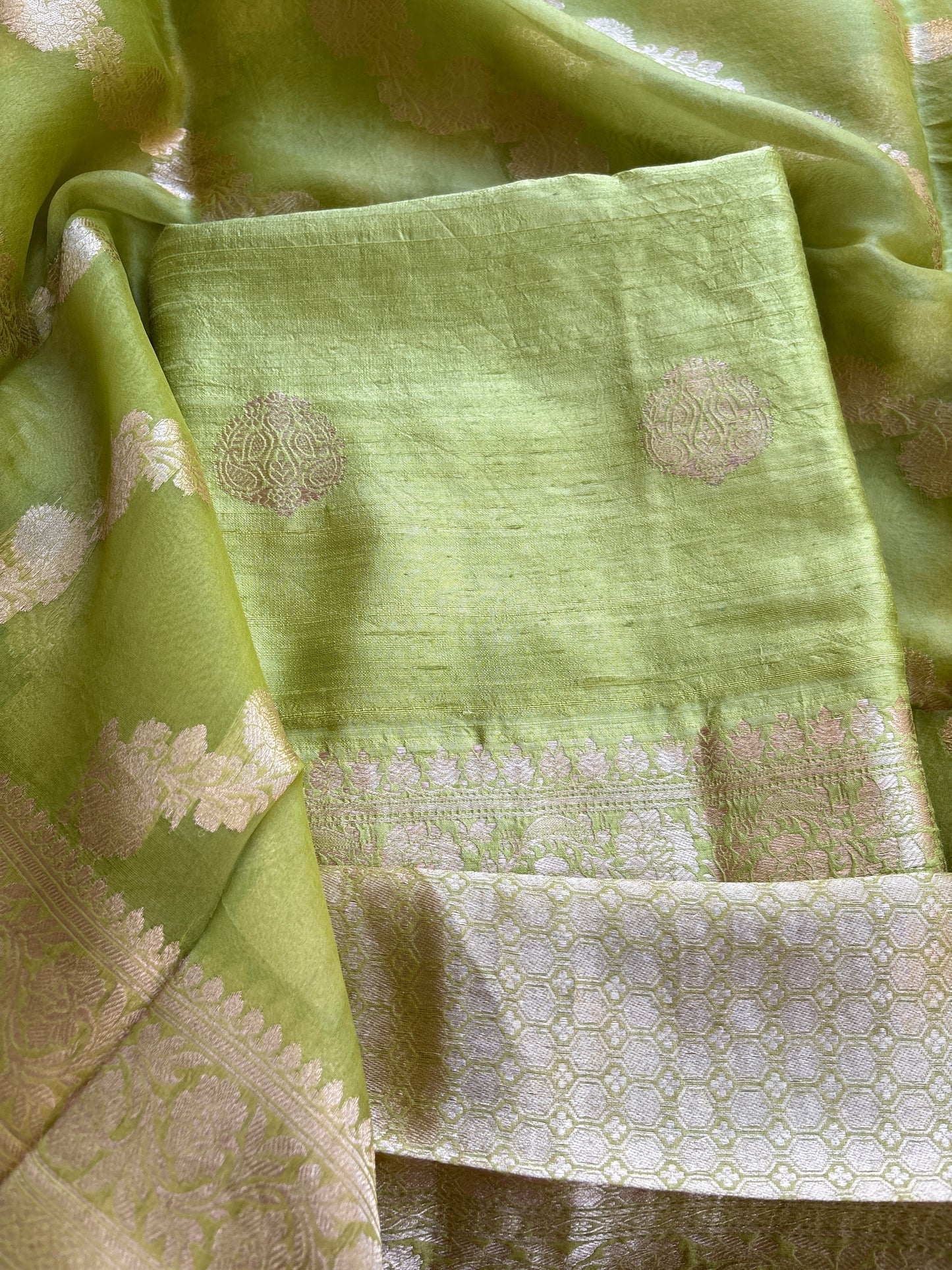 Green raw silk kadhwa suit set with kora silk dupatta