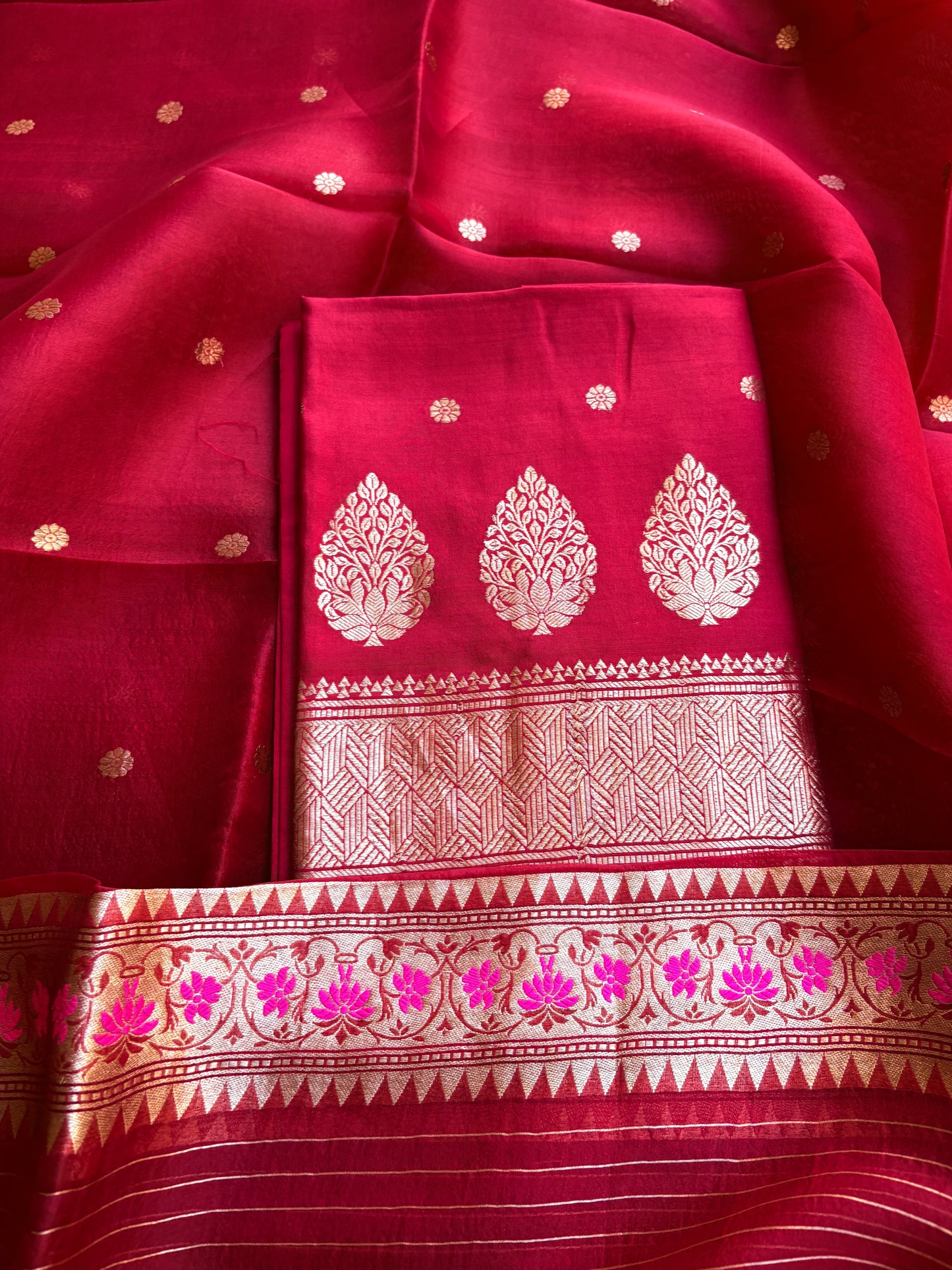 Red Chiniya silk kora paithani border suit set