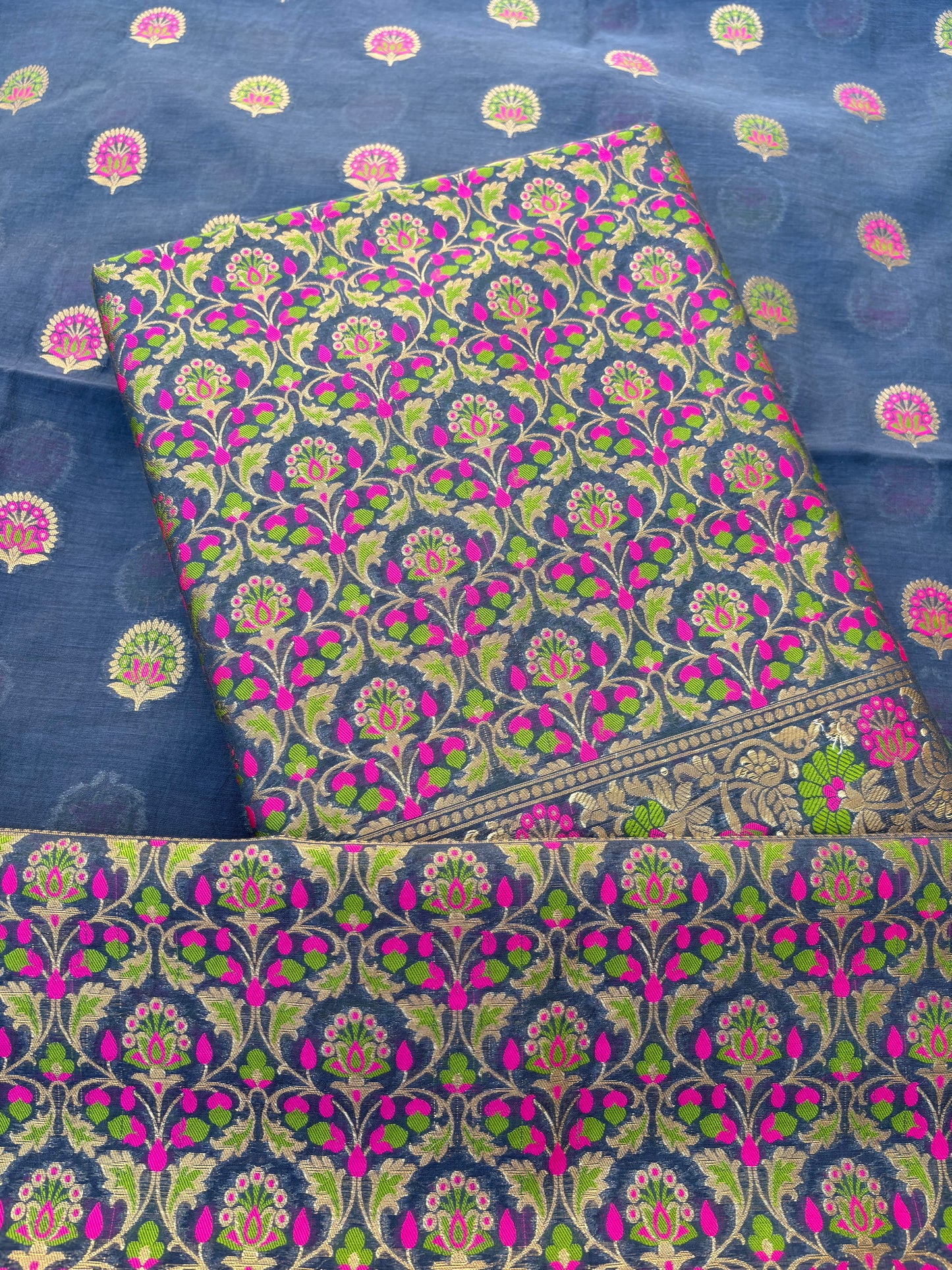 Blue jaal weaving Chanderi 3 piece suit set