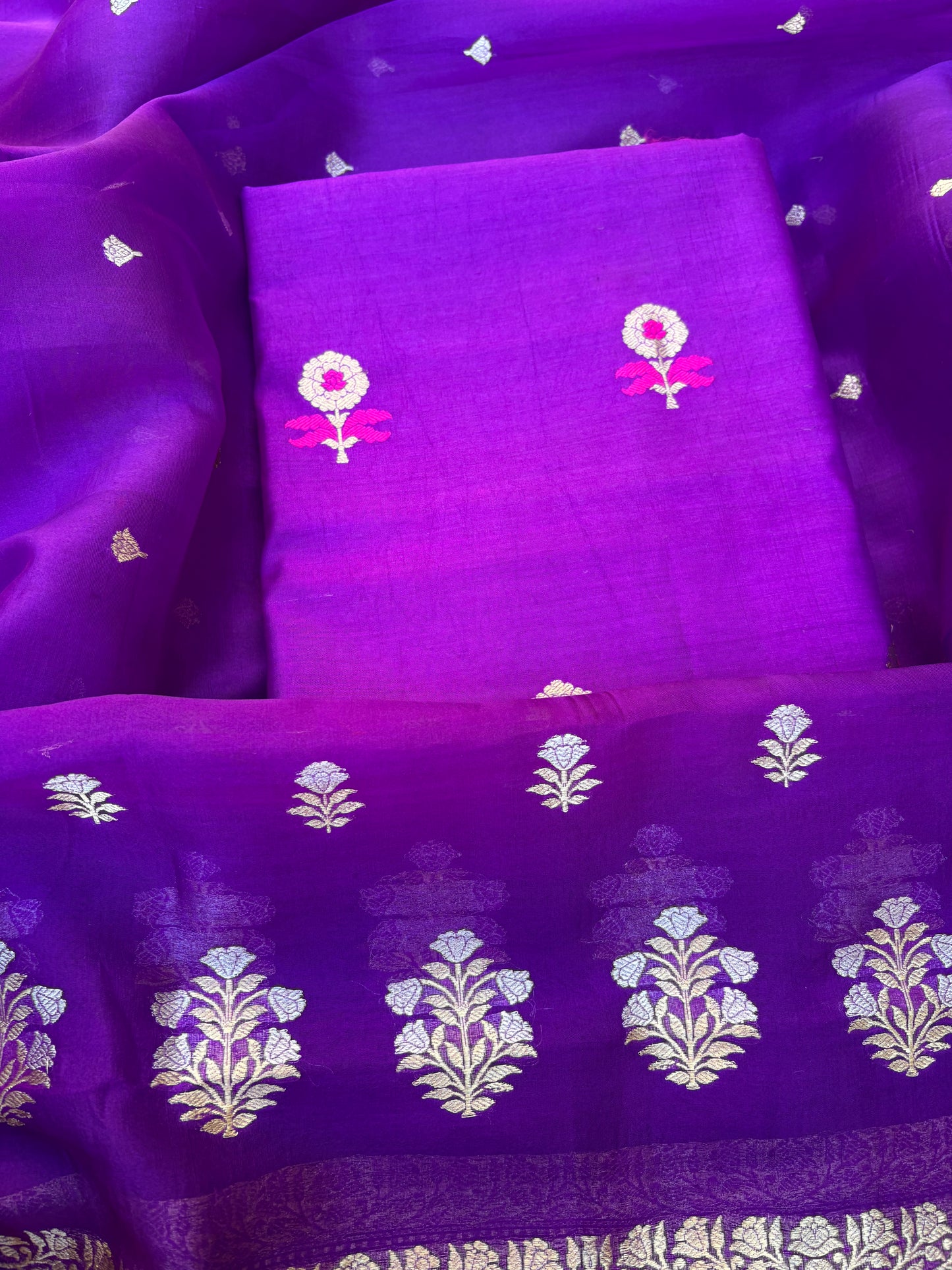 Purple meenadar Chiniya silk kurta, kora silk dupatta, plain bottom