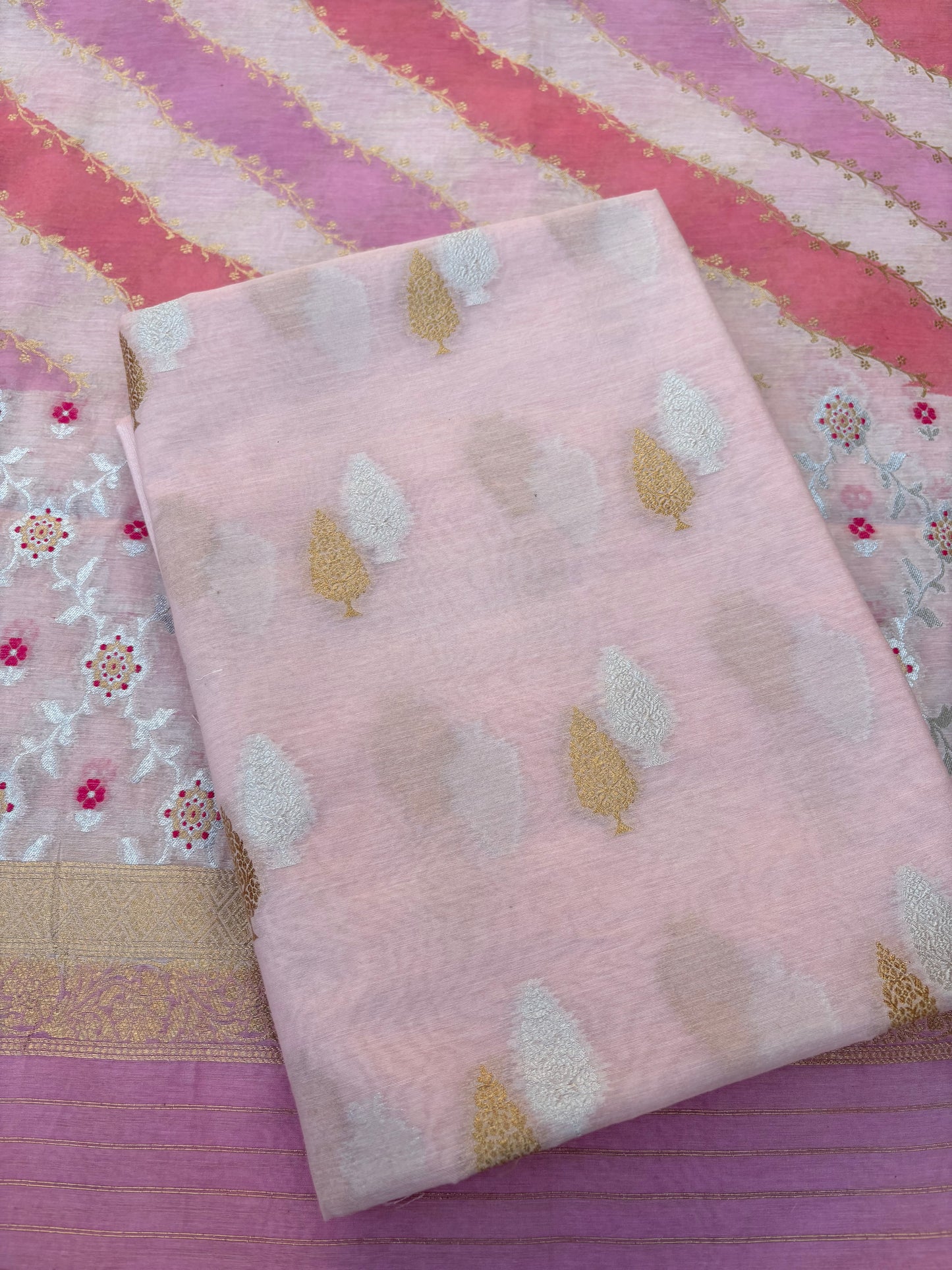 Pink Chanderi kurta, rangkat dupatta , plain bottom