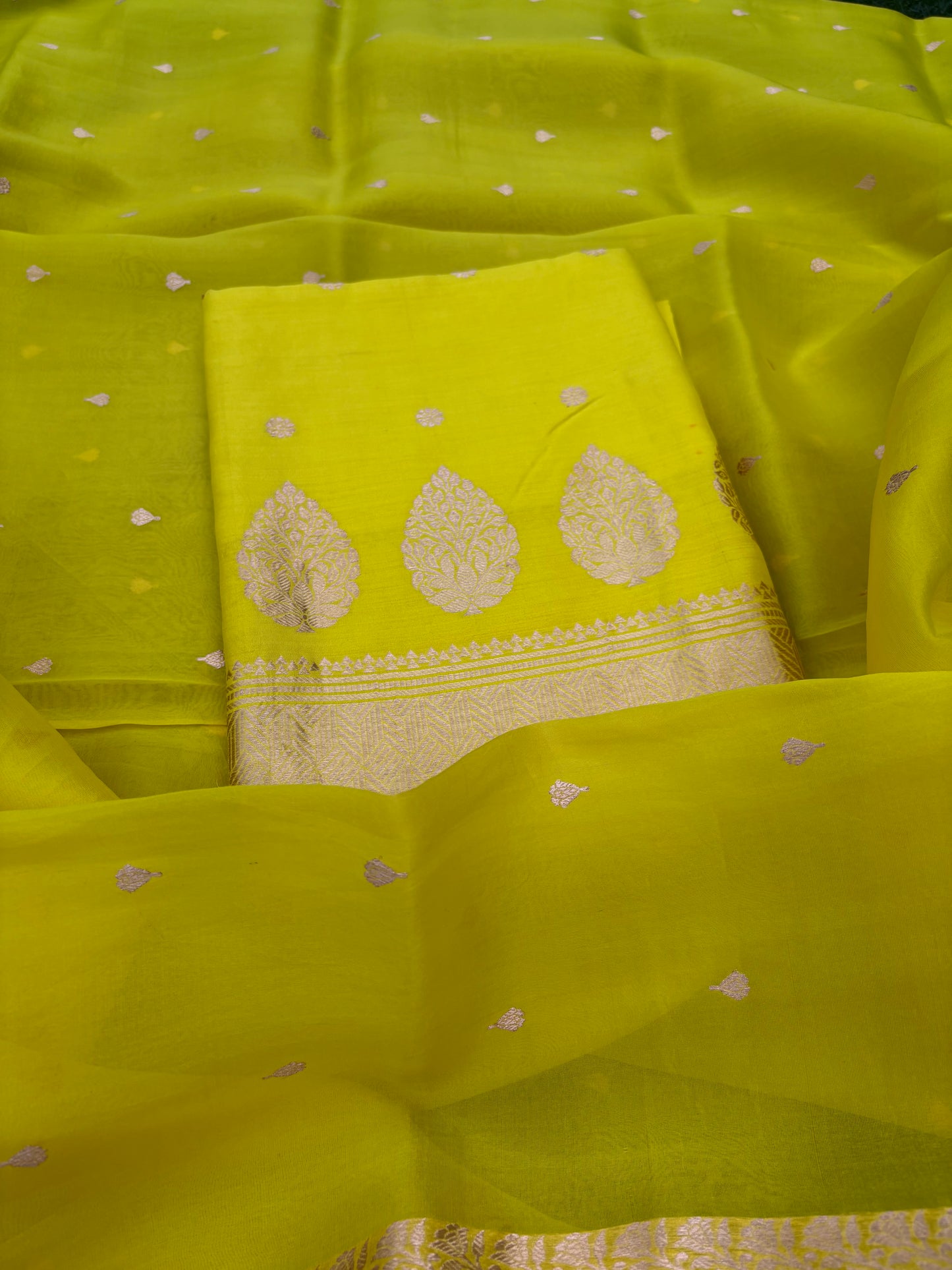 Neon green Chiniya kora silk suit set
