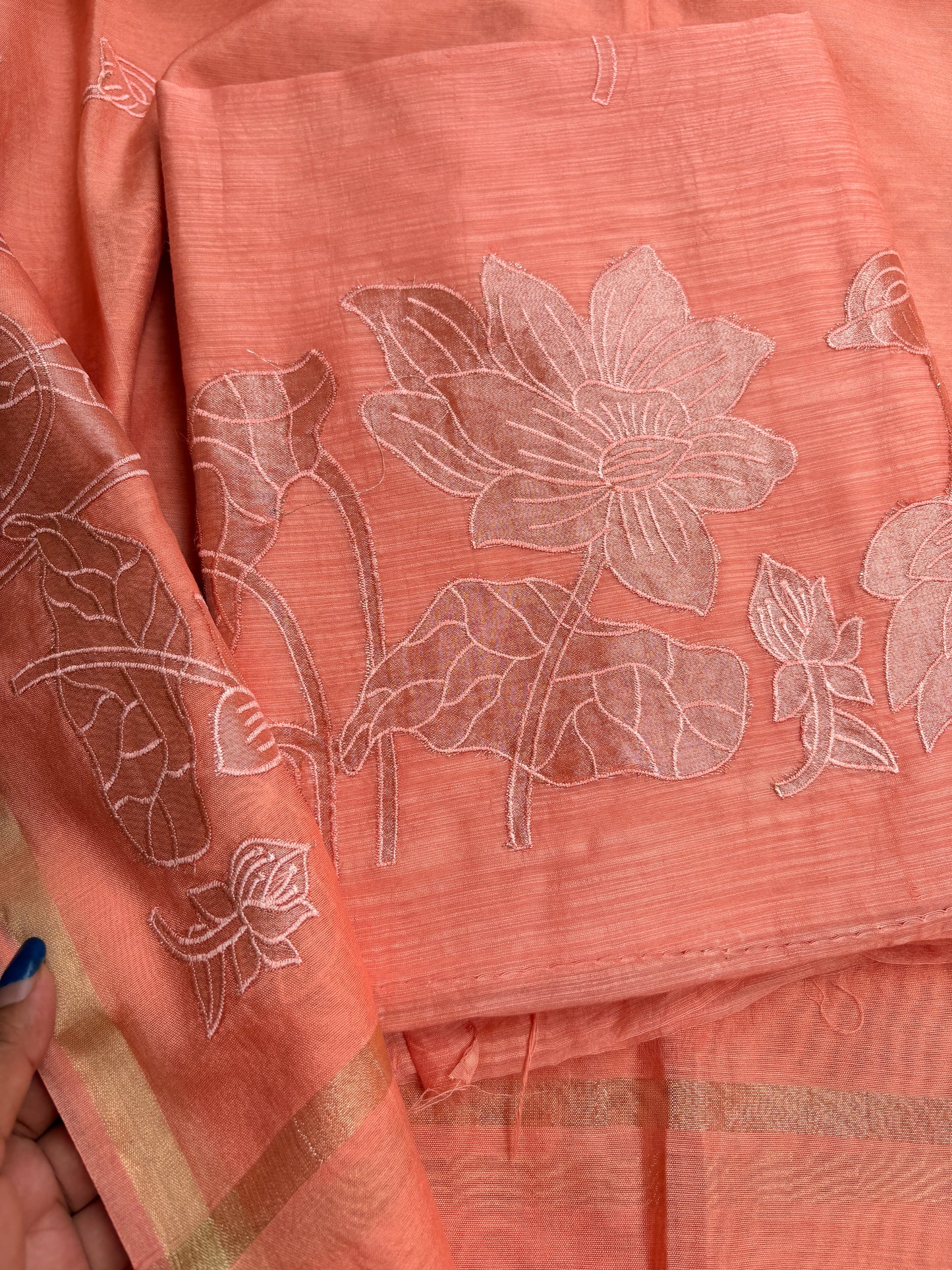 Peach appliqué work mul Chanderi suit set