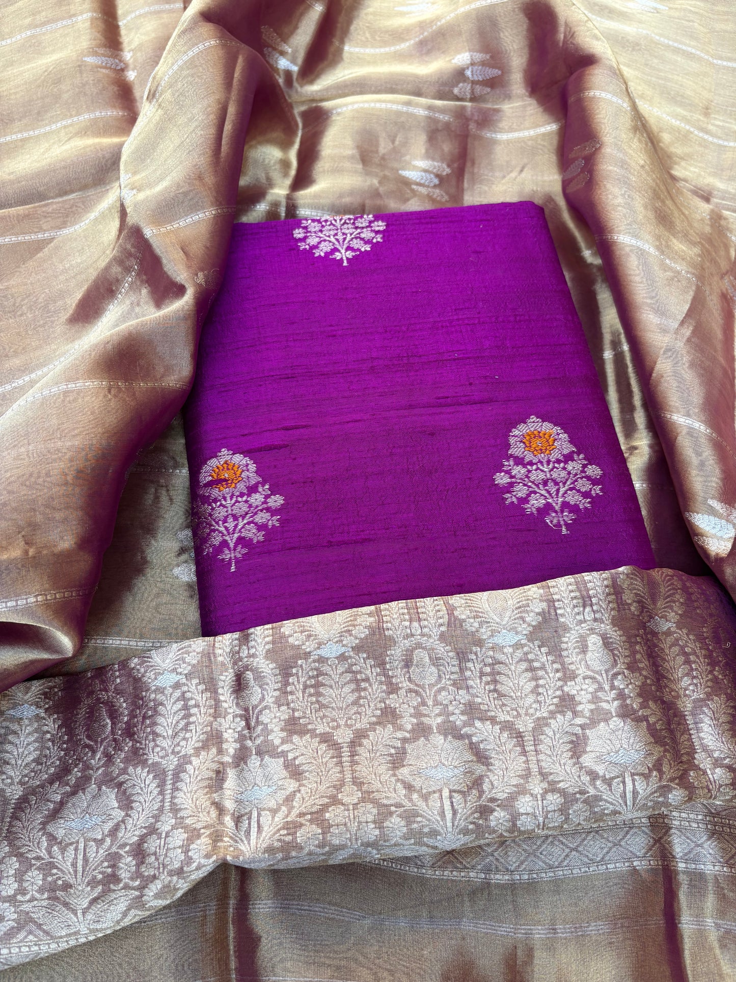 Purple raw silk kurta,bottom, kadhwa tissue dupatta