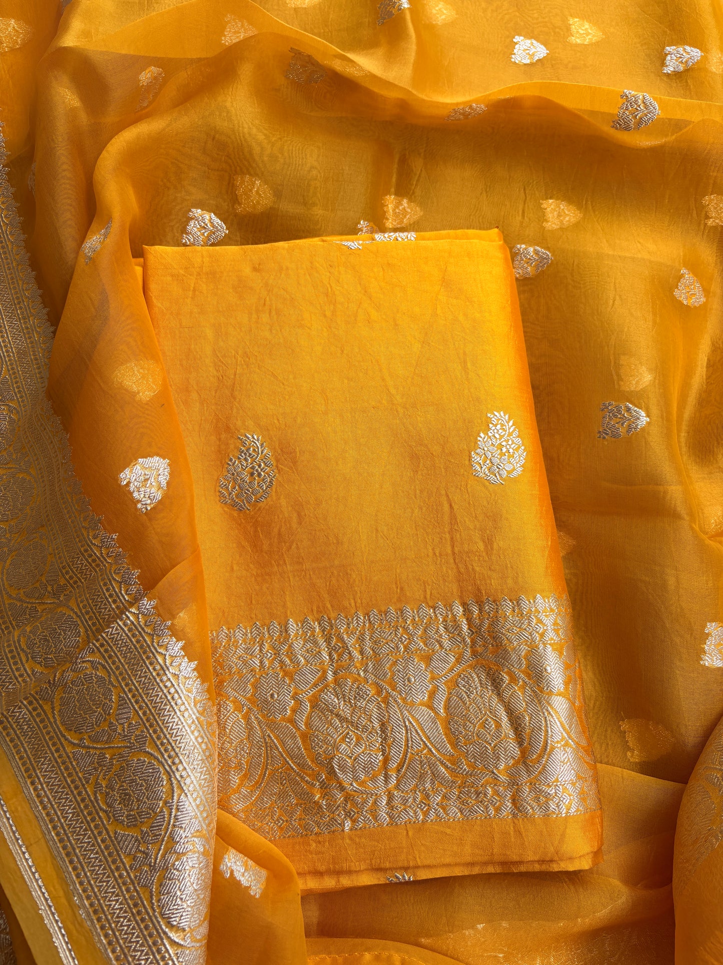 Yellow Chiniya silk silver zari suit set