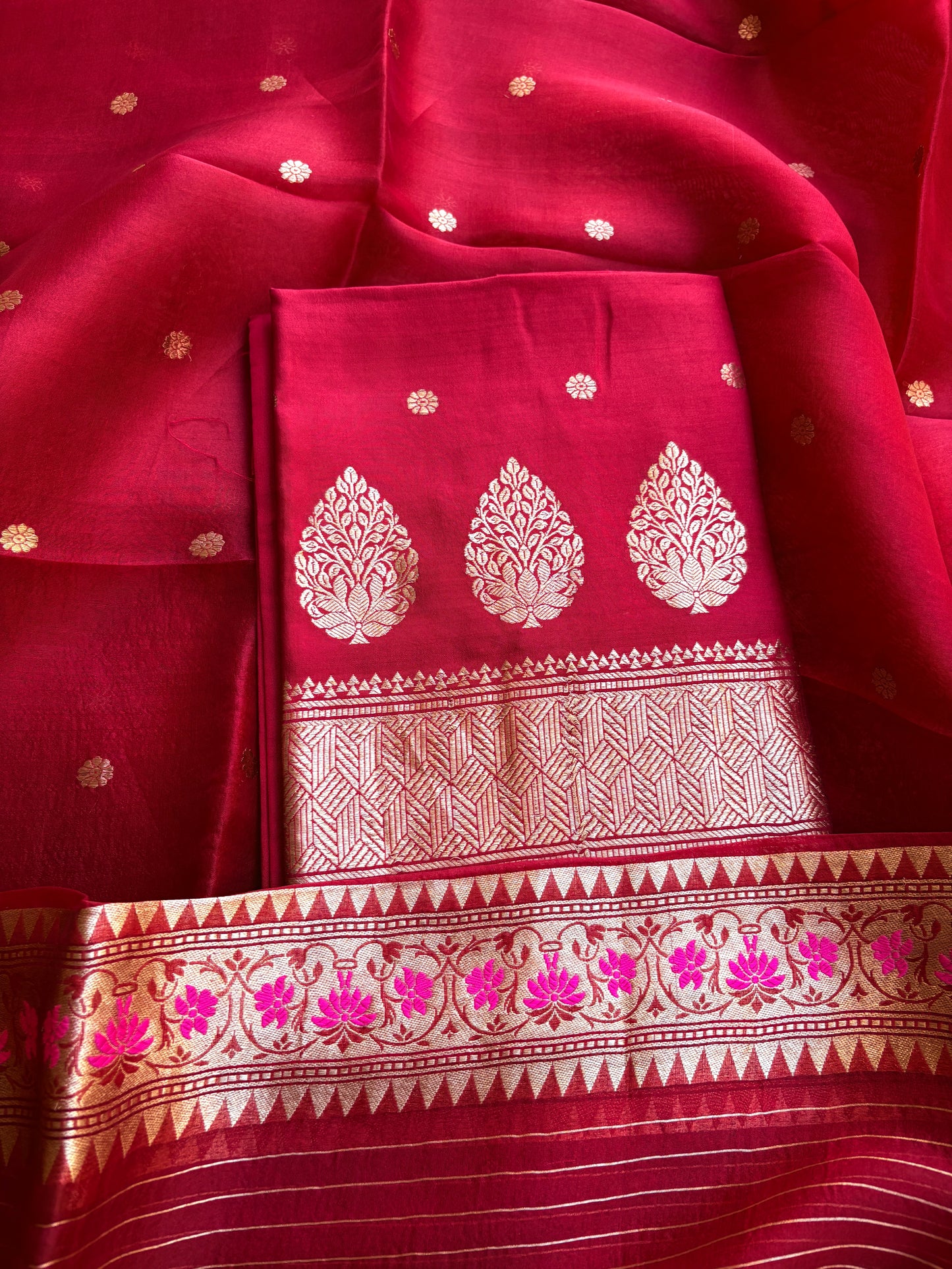 Red Chiniya silk kora paithani border suit set