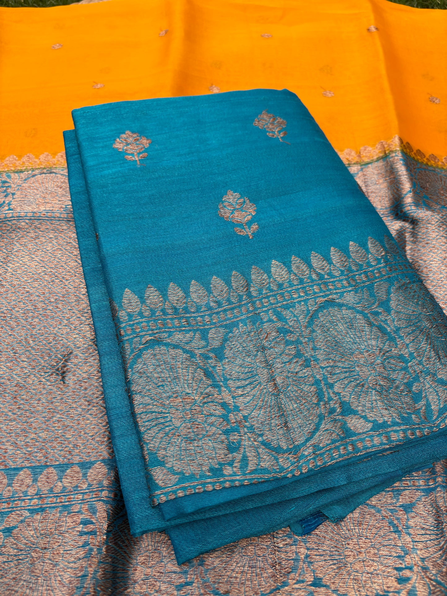 Blue tussar silk kurta, kora silk blue border dupatta, plain silk bottom